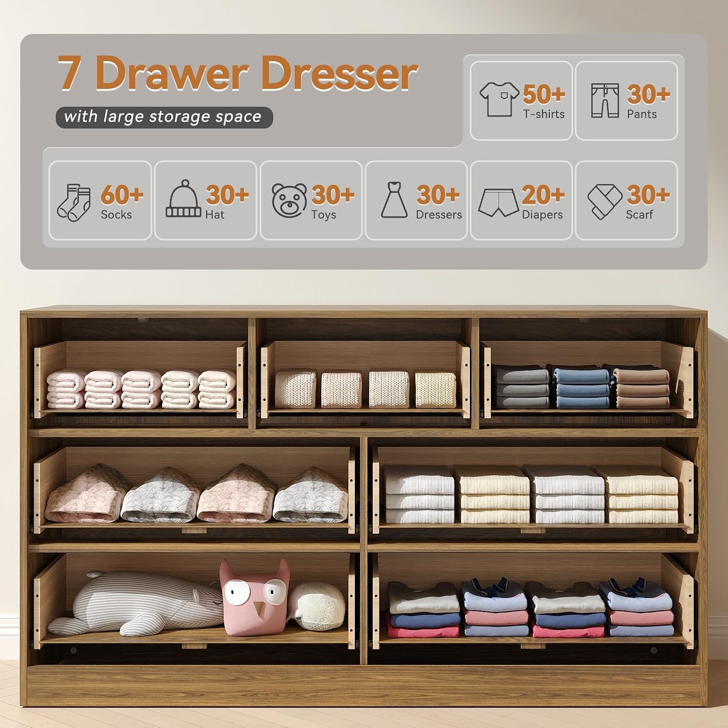 7 Drawer Dresser and Nightstand Sets, 3 Pcs Bedroom Set for Bedroom, Fluted Night Stand Set of 2 & 55' Wide Dresser w/Gold Handles, Mid Century Wood Chest of Drawers Storage Set, Walnut