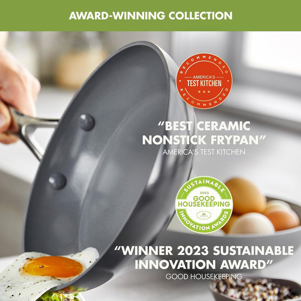 GreenPan Valencia Pro Ceramic Nonstick 8' 9.5' & 11' Fry Pan Skillet Set, Hard Anodized PFAS-Free, Induction Ready, Compatible on All Cooktops, Dishwasher Safe, Oven Safe to 600F, Gray
