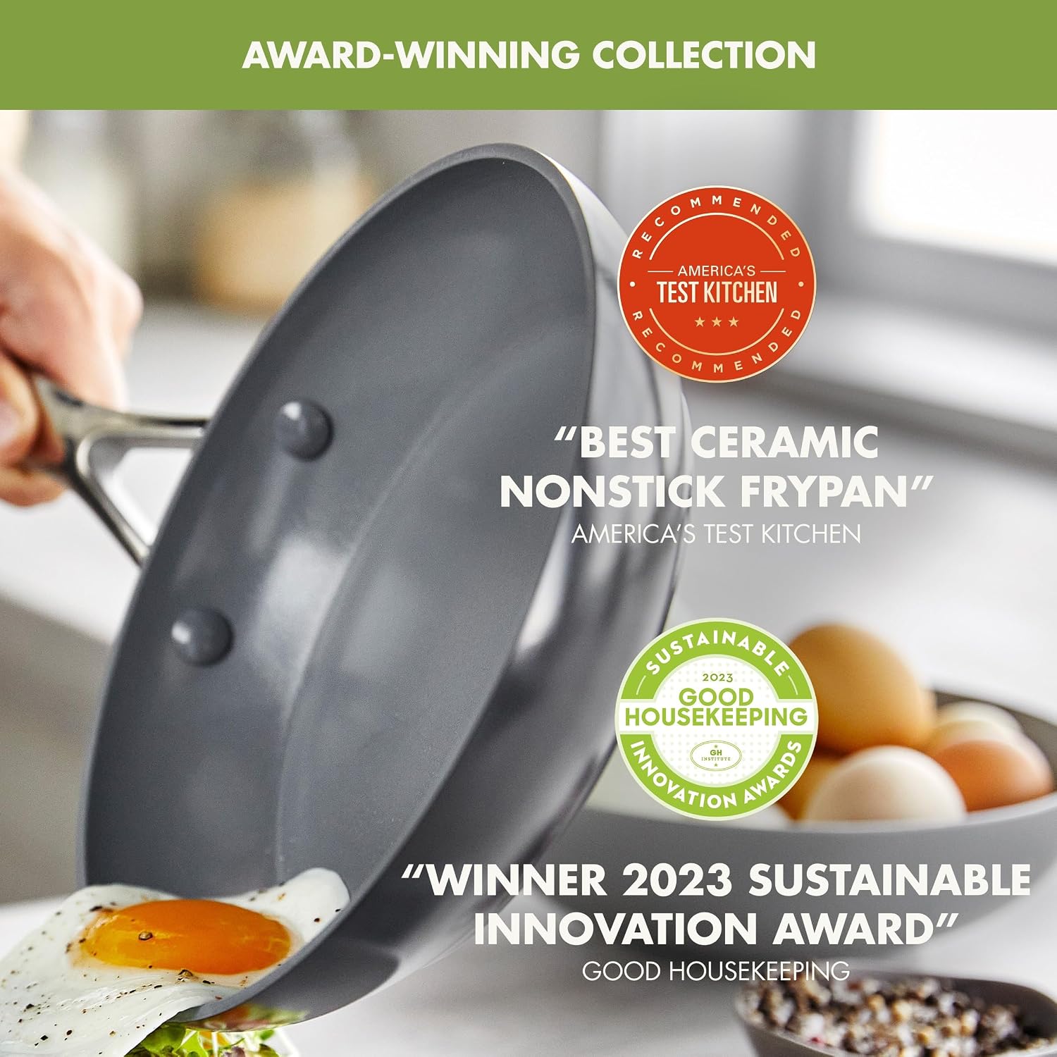 GreenPan Valencia Pro Ceramic Nonstick 8' 9.5' & 11' Fry Pan Skillet Set, Hard Anodized PFAS-Free, Induction Ready, Compatible on All Cooktops, Dishwasher Safe, Oven Safe to 600F, Gray