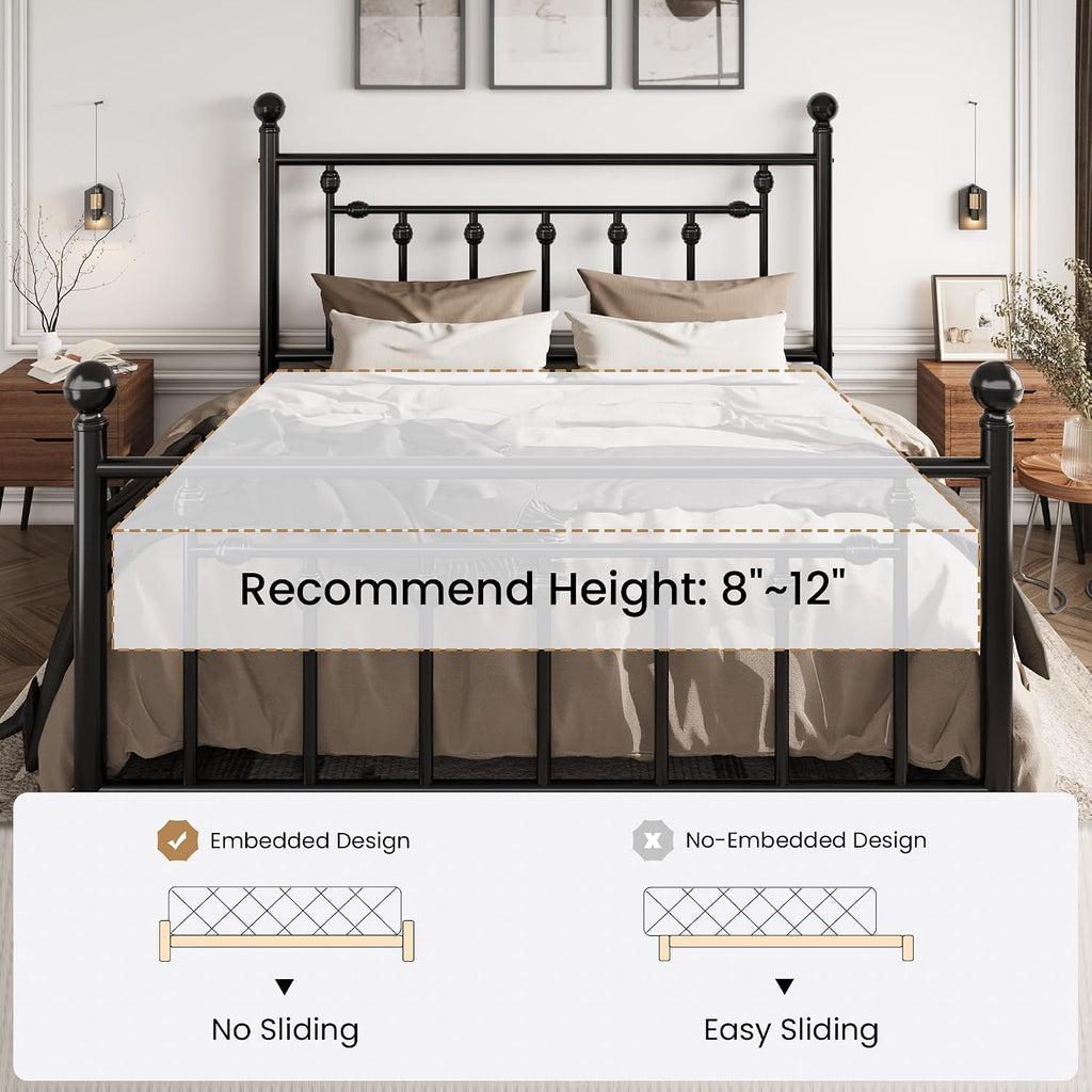 SHA CERLIN 14' Full Size Metal Platform Bed Frame/Victorian Headboard and Footboard/Steel Slats Mattress Foundation for Storage/No Box Spring Needed/Noise Free/Black