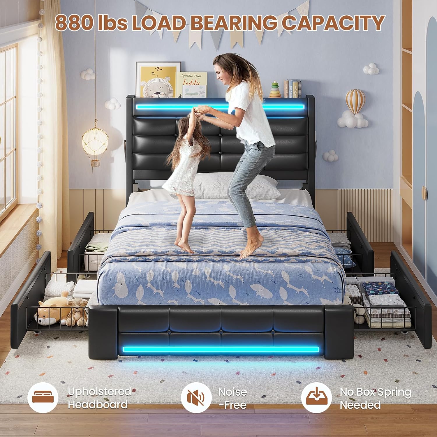 ADORNEVE Twin Bed Frames with Storage Headboard & 4 Drawers, LED Bed Frame with Charging Station, Upholstered Twin Size Platform Bed for Kids, No Box Spring Needed, Black PU