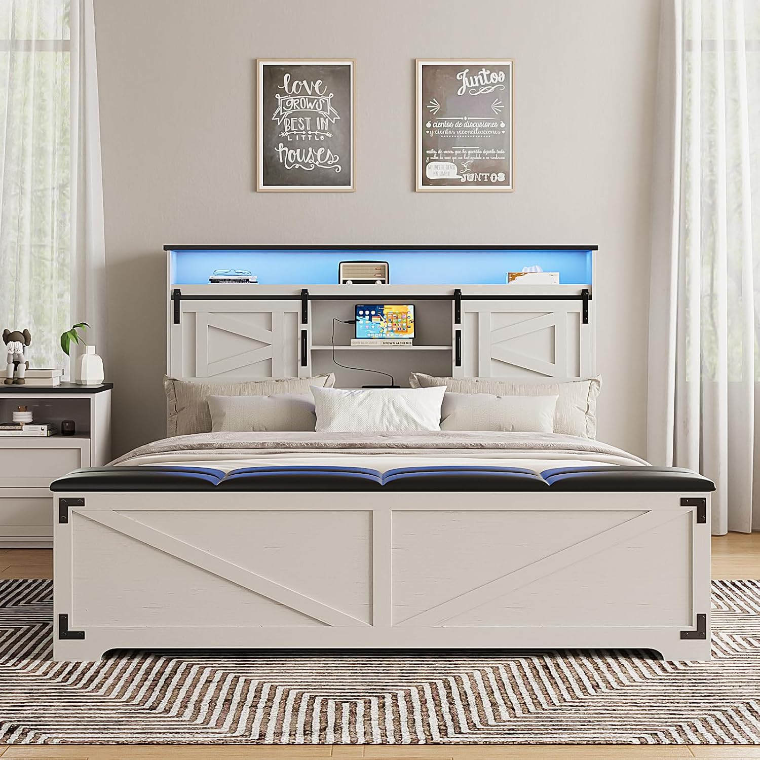 Fameill Farmhouse Queen Size Bed Frame with Headboard and Storage Ottoman, Sliding Barn Door & 4 Drawers, LED Lights and Charging Station, No Box Spring Needed, Antique White