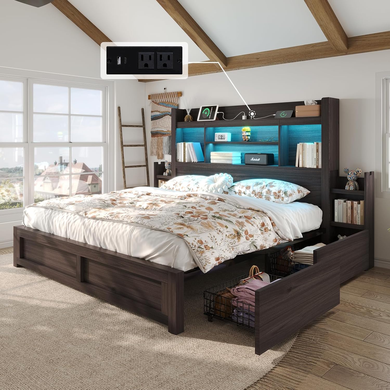 LUXOAK King Bed Frame with 49.6' Bookcase Headboard & 2 Bedside Stoage Racks & 4 Drawers, Farmhouse Wood Bed Frame with RGB LED & Charging Station, No Box Spring Needed, Black
