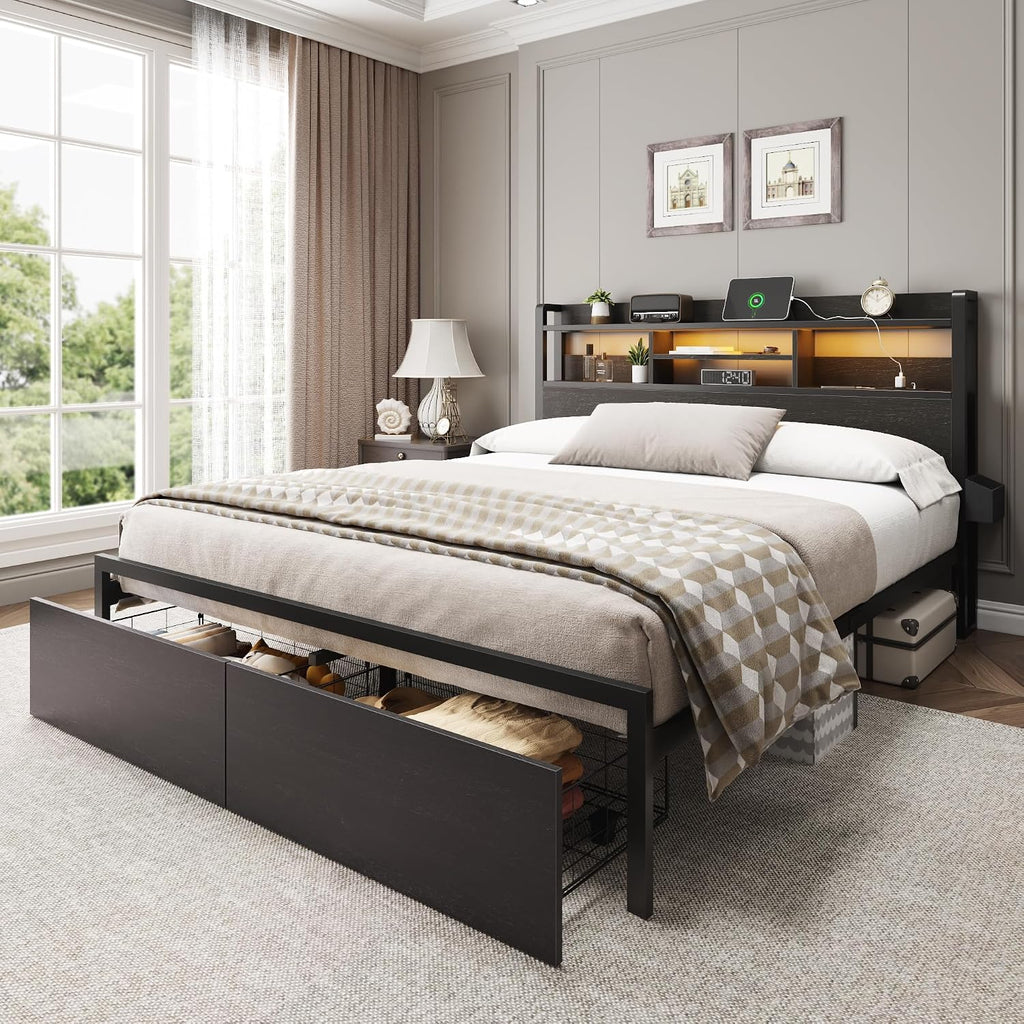 Furnulem Queen Bed Frame with Wood Headboard and Storage Shelf, Metal Platform Bed Frame Queen Size with Storage Drawers, LED Lights and Charging Station, No Box Spring Needed, Noise Free, Black