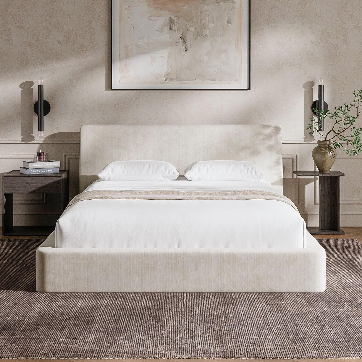 RECCI AirFrame Queen Bed Frame with Ergonomic Angled Foam Cushioned Headboard, Minimalist Design Platform Bed Frame, No Box Spring Needed, Easy Assembly (Beige Chenille)