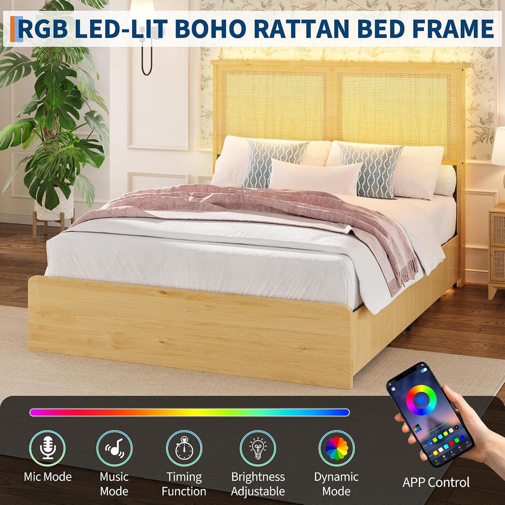 coucheta Rattan Bed Frame Full with Natural Rattan Headboard,Full Bed Frame with LED Lights,Rattan Full Bed Frame with Headboard, Wood Foundation with Silent Slats,No Box Spring Needed