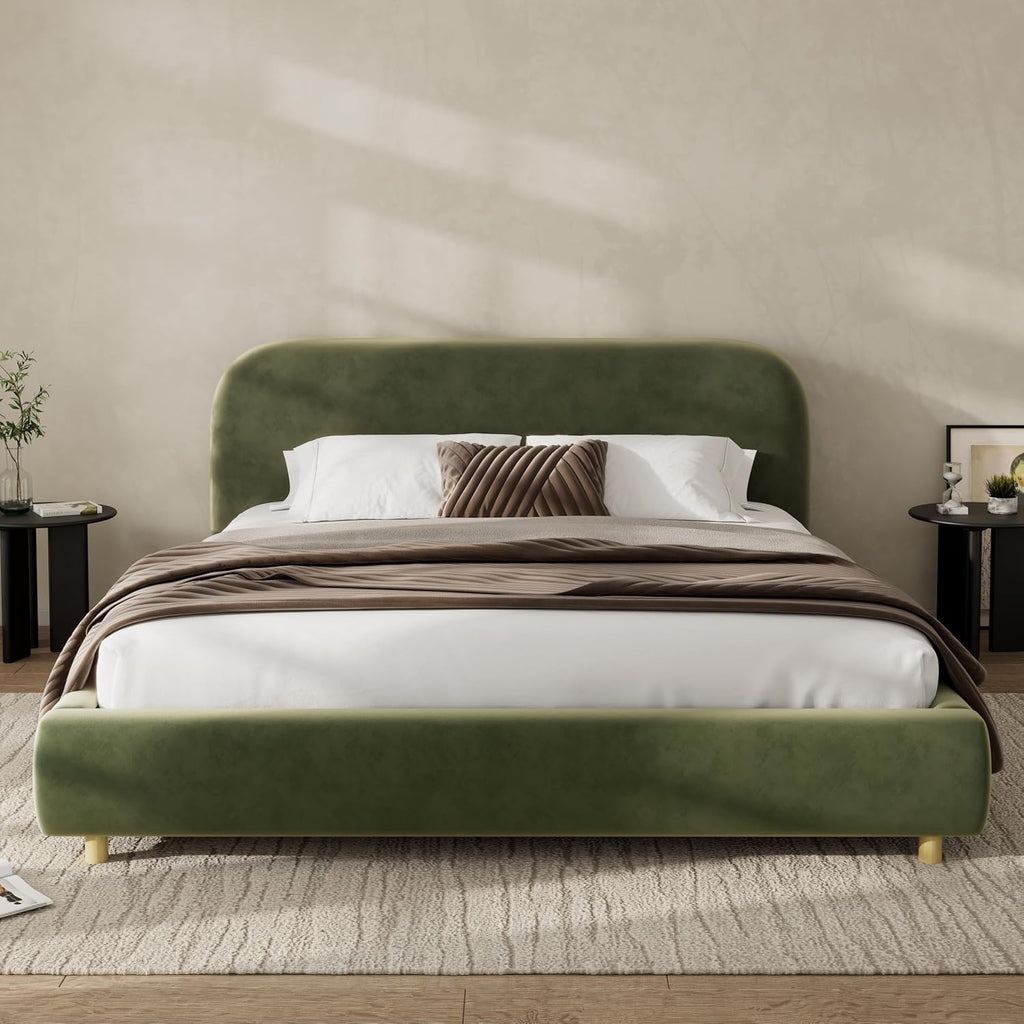 Merax Queen Size Velvet Fabric Upholstered Platform Bed with Curved Shaped Headboard, Wood Bed Frame with Solid Round Legs for Kids Teens Adults, Olive Green