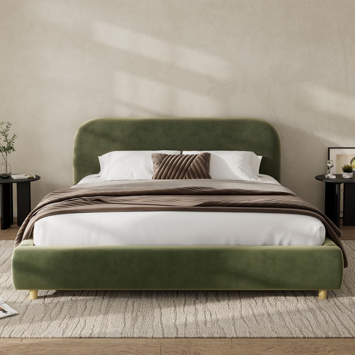 Merax Queen Size Velvet Fabric Upholstered Platform Bed with Curved Shaped Headboard, Wood Bed Frame with Solid Round Legs for Kids Teens Adults, Olive Green