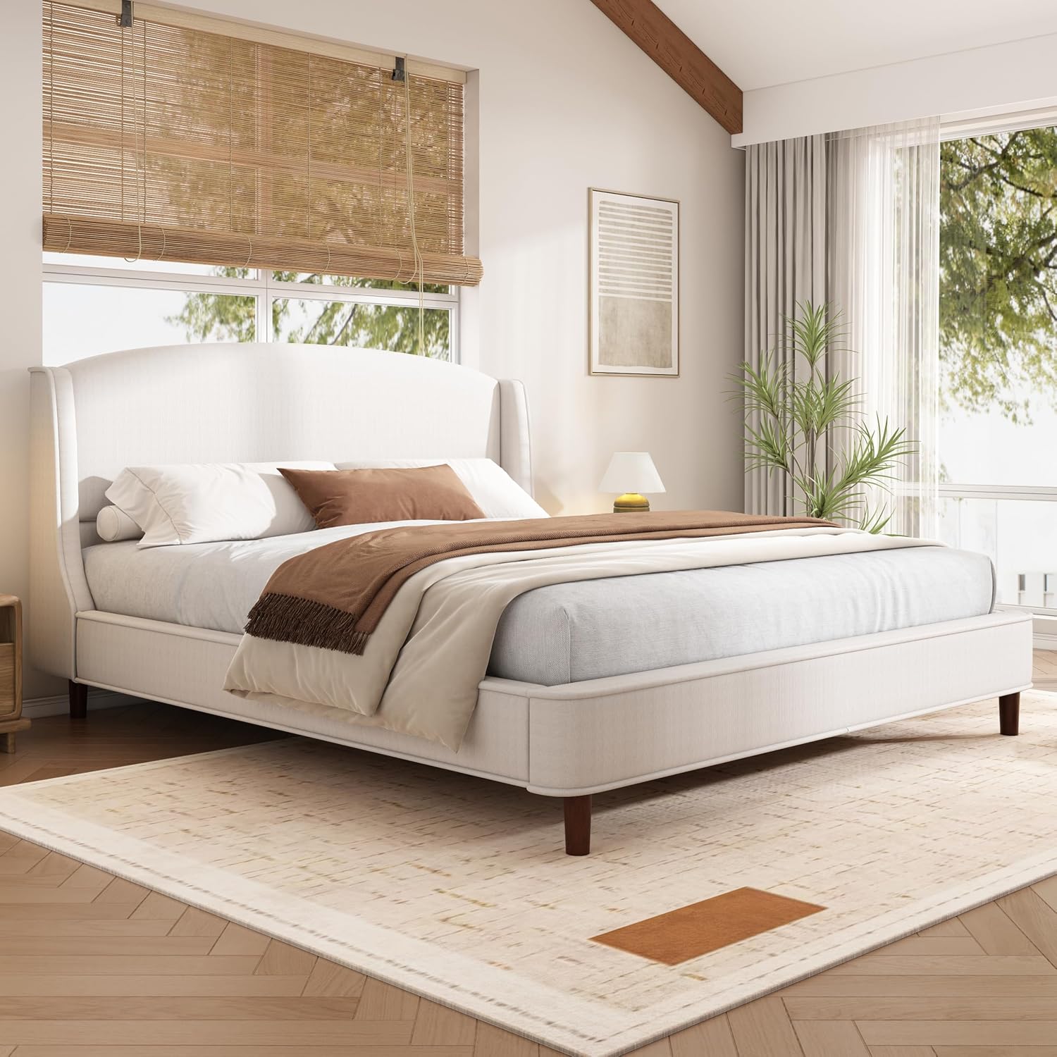 Christopher Knight Home Cordo King Size Bed Set, Upholstered Platform Bed with Wingback Headboard, Solid Wooden Slats Panel Support, No Box Spring Needed, Easy Assembly, 44.50' H Beige
