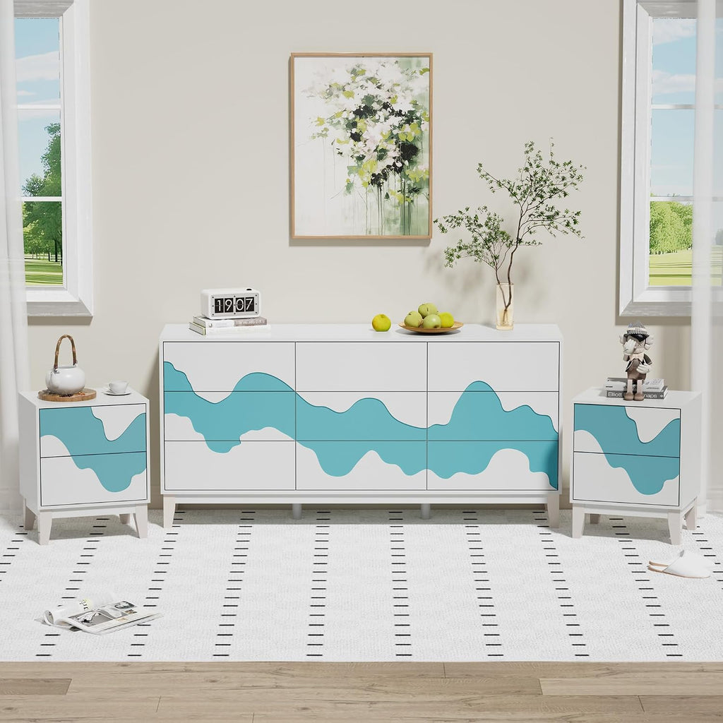 UEV 9-Drawer Dresser & 2 Nightstands Set - 3 Piece Modern Bedroom Furniture Set, 63' Wide Wooden Chest of Drawers with Flowing Water Pattern,2-Drawer Night Stands for Bedroom (White/Blue