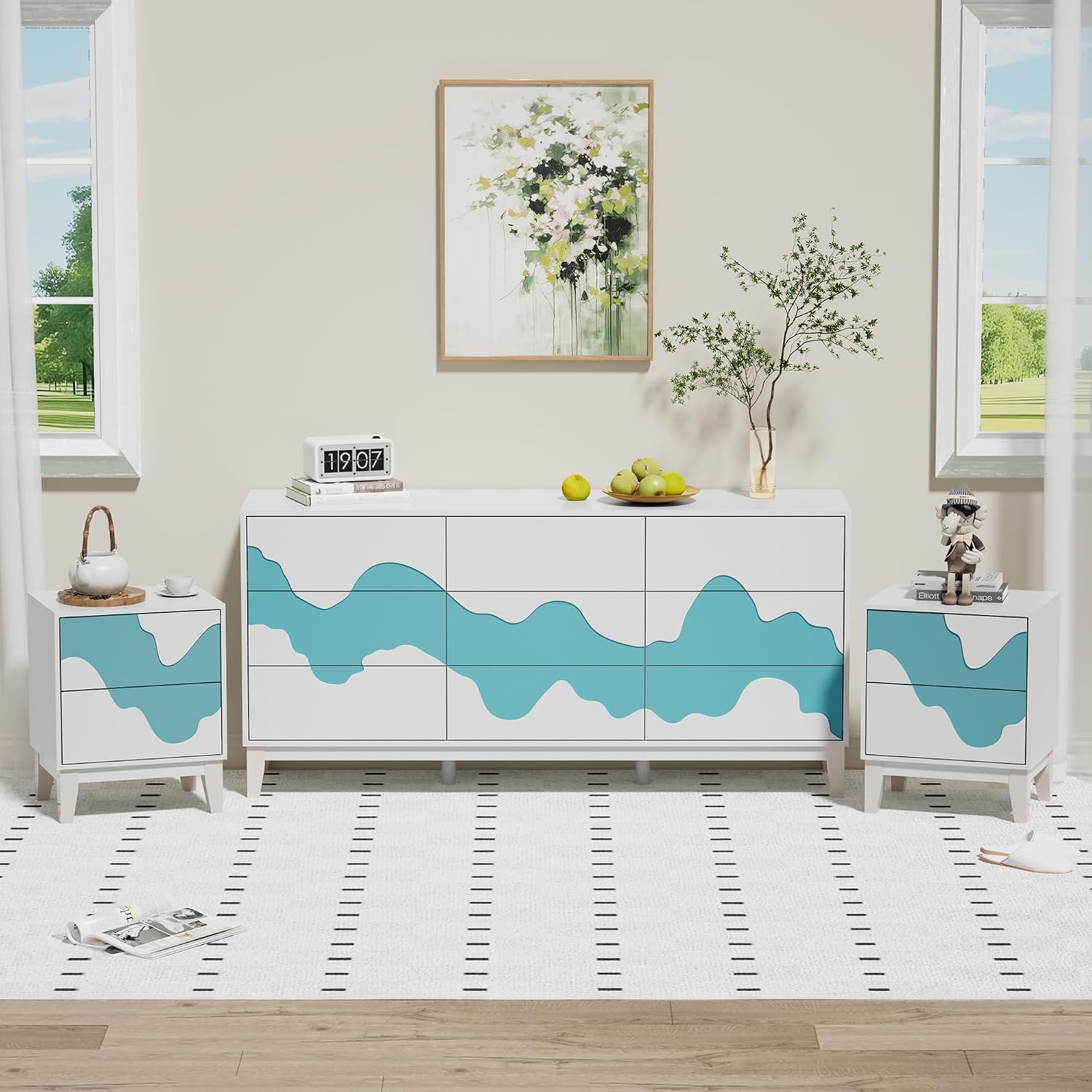 UEV 9-Drawer Dresser & 2 Nightstands Set - 3 Piece Modern Bedroom Furniture Set, 63' Wide Wooden Chest of Drawers with Flowing Water Pattern,2-Drawer Night Stands for Bedroom (White/Blue