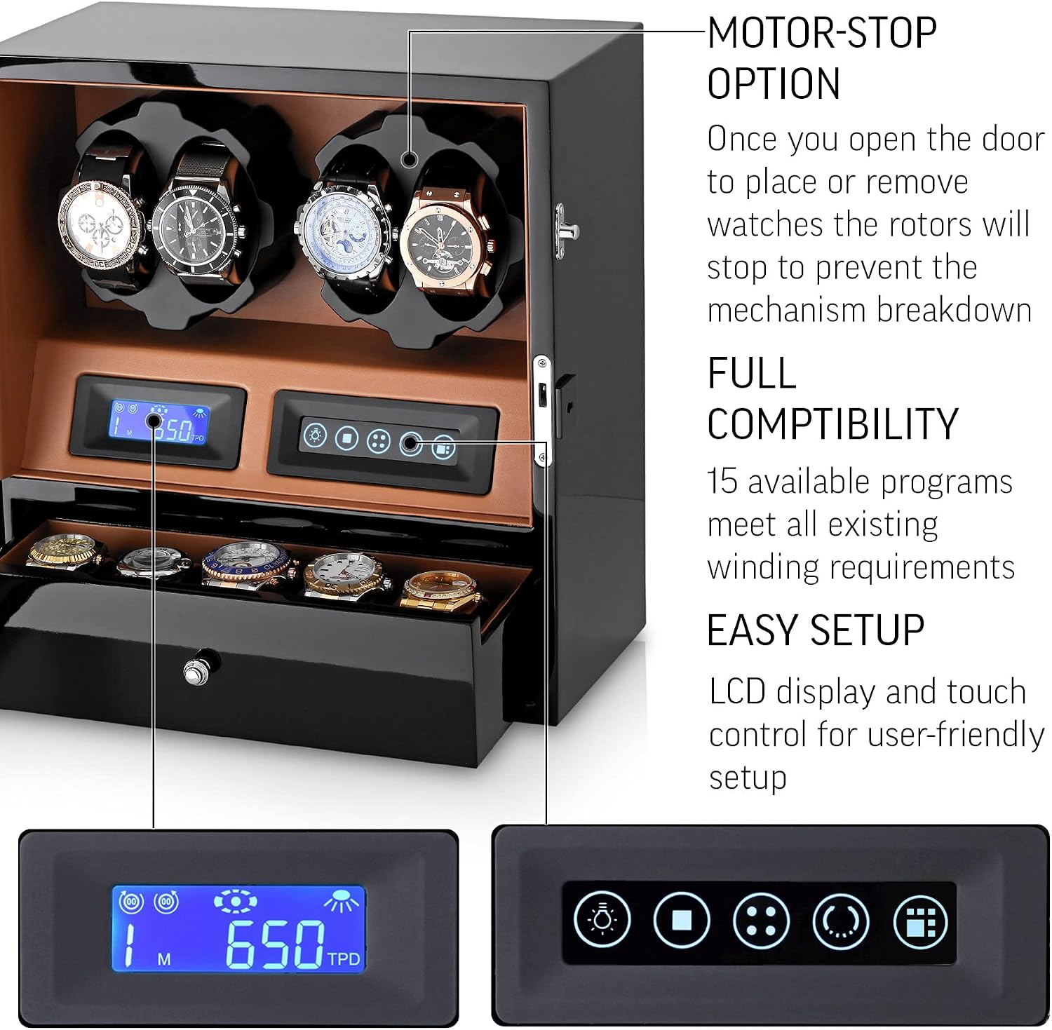4 Watch Winder with 5 Watch Storage Space, LCD Display, Touch Control and Interior Light