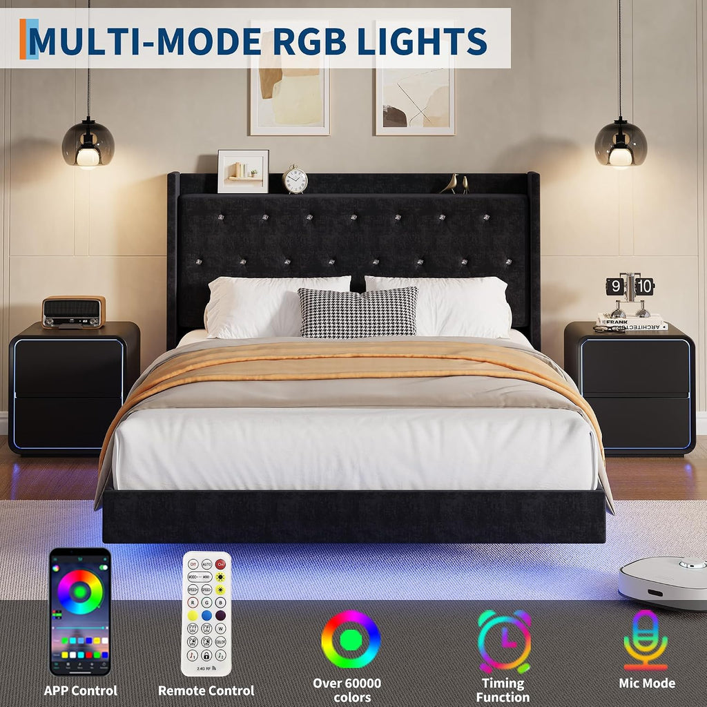 IDEALHOUSE Full Size Bed Frame with LED Lights, Floating Platform Bed with Velvet Upholstered Storage Headboard, No Box Spring Needed, Noise Free, Easy Assembly
