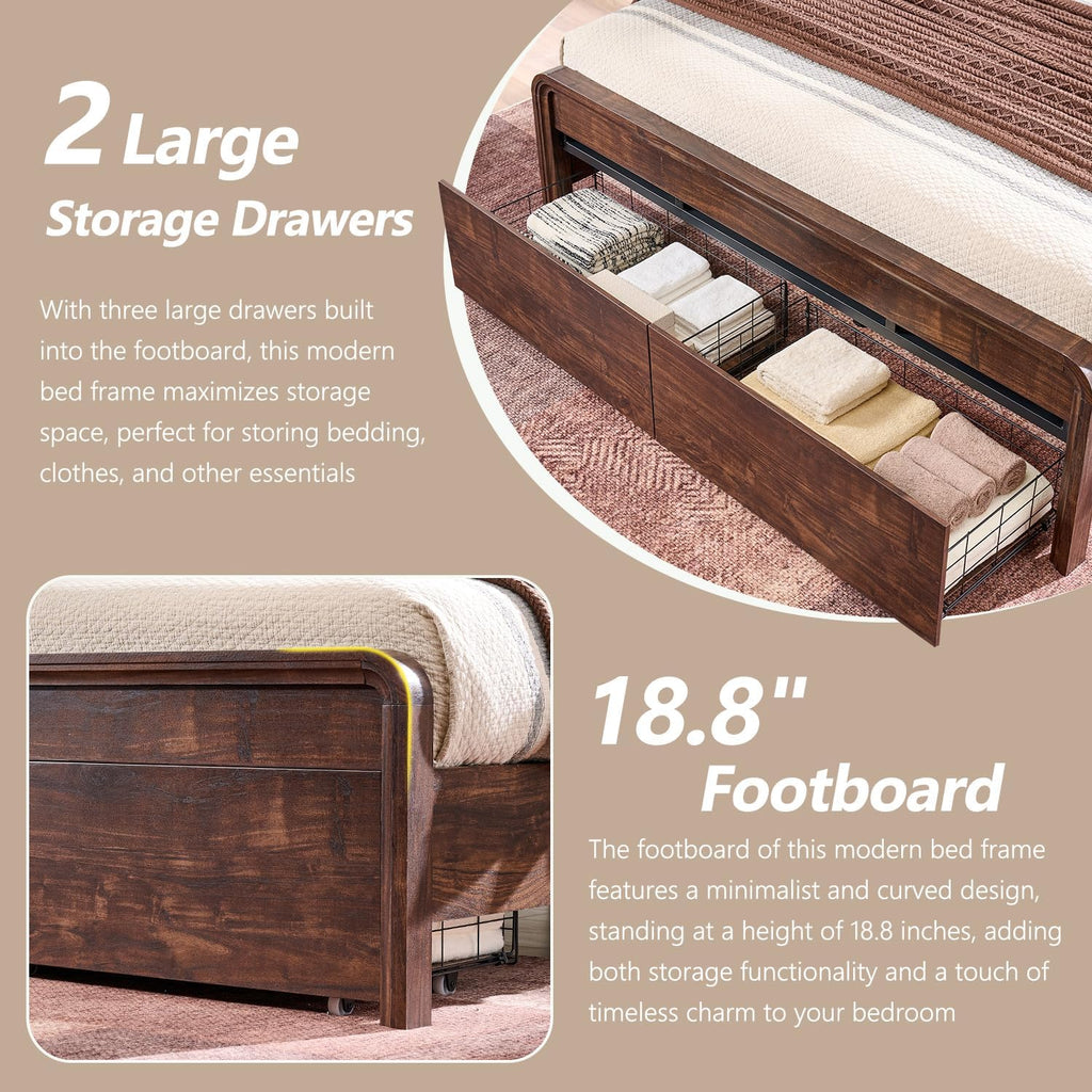 Aitjunz Modern Queen Size Bed Frame with 50' Tall Headboard, Wood Queen Size Platform Bed Frame w/3 Storage Drawers, Curved Profile Design, Wood & Steel Platform Bed, No Box Spring Needed, Dark Walnut