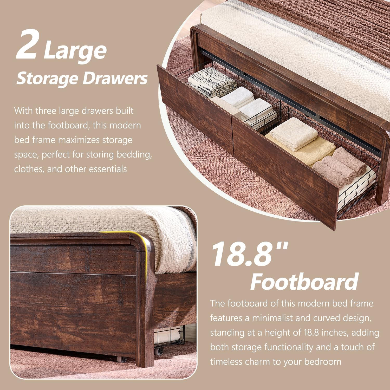 Aitjunz Modern Queen Size Bed Frame with 50' Tall Headboard, Wood Queen Size Platform Bed Frame w/3 Storage Drawers, Curved Profile Design, Wood & Steel Platform Bed, No Box Spring Needed, Dark Walnut