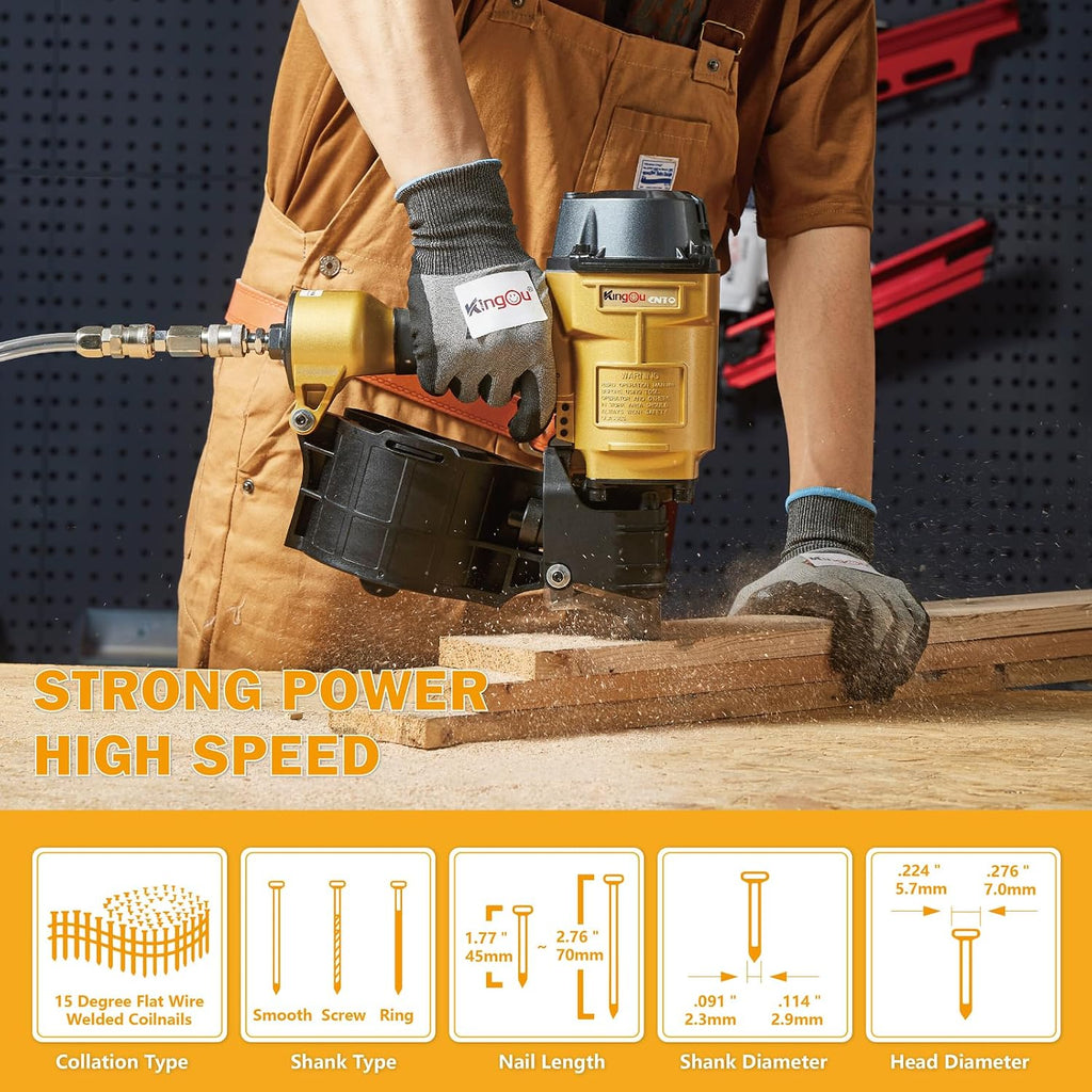 Kingou CN70 Siding Nailer Accepts 1-3/4-Inch to 2-3/4-Inch Nails with 1/4 NPT Air Connector 225-300pcs Load Capacity Coil Nailer Coil Nail Gun for Wooden Box Packing