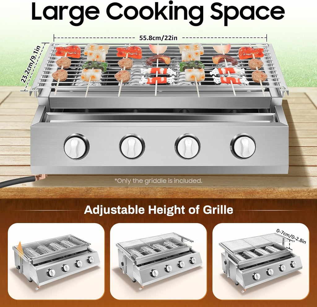 4 Burner Flat Top Gas Griddle,Portable Propane Griddle with Electronic Ignition,Tabletop Gas Grill for Outdoor Camping Cooking BBQ,Adjustable Grille Height