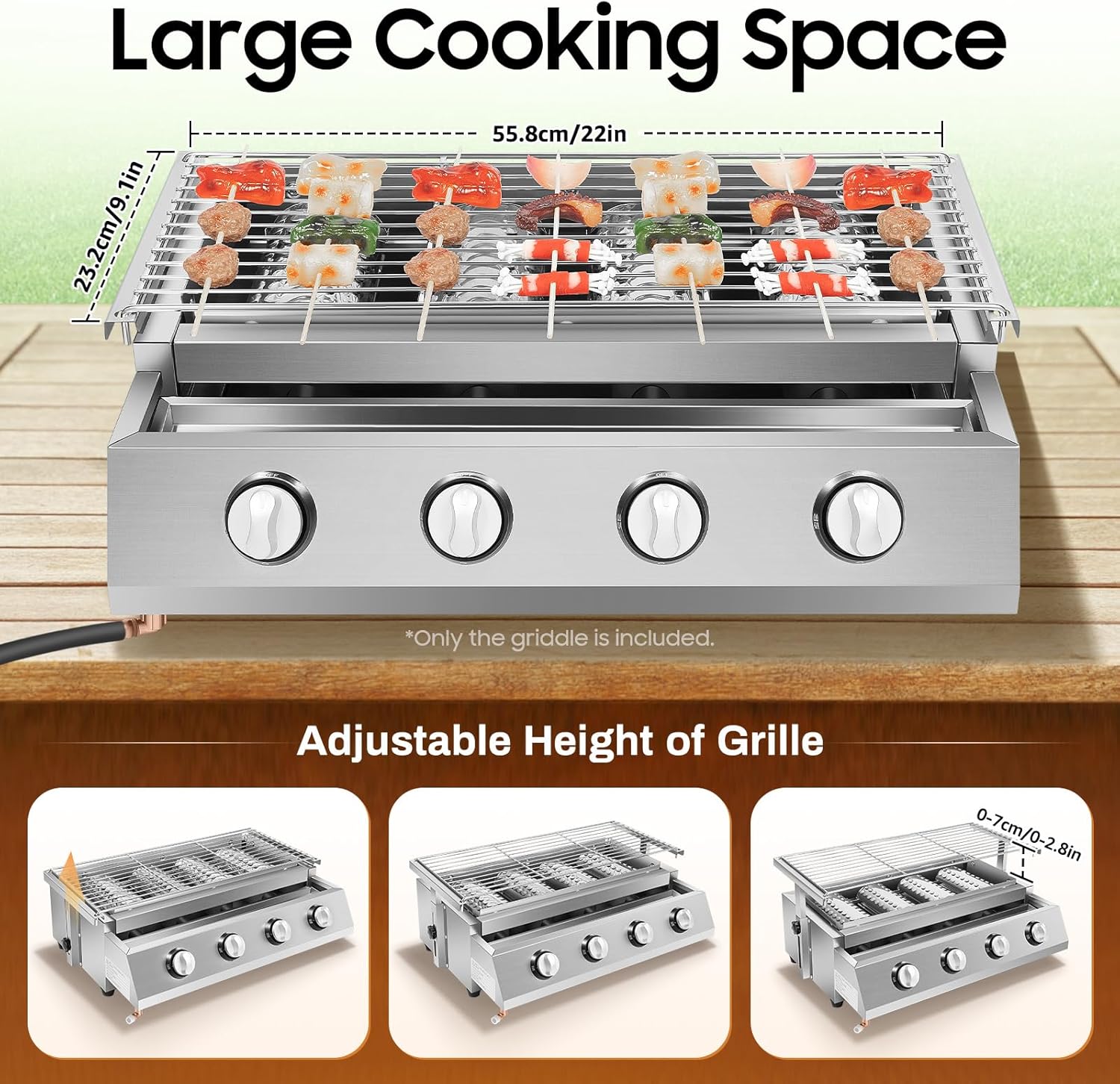 4 Burner Flat Top Gas Griddle,Portable Propane Griddle with Electronic Ignition,Tabletop Gas Grill for Outdoor Camping Cooking BBQ,Adjustable Grille Height