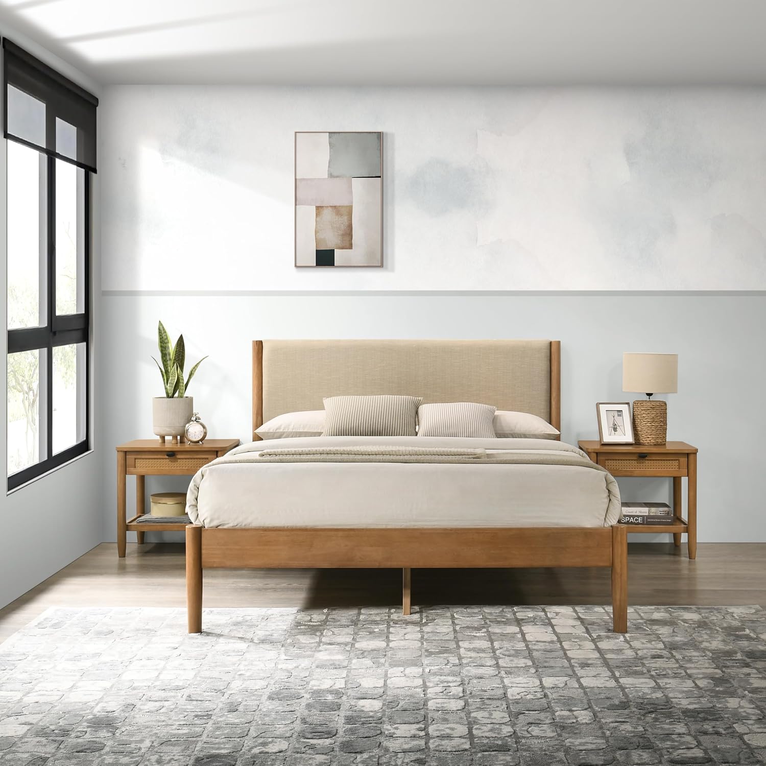 Roundhill Furniture Vichy 3-Piece Rubberwood Bedroom Set, Platform Bed with Two Nightstands, Queen, Textured Polyester