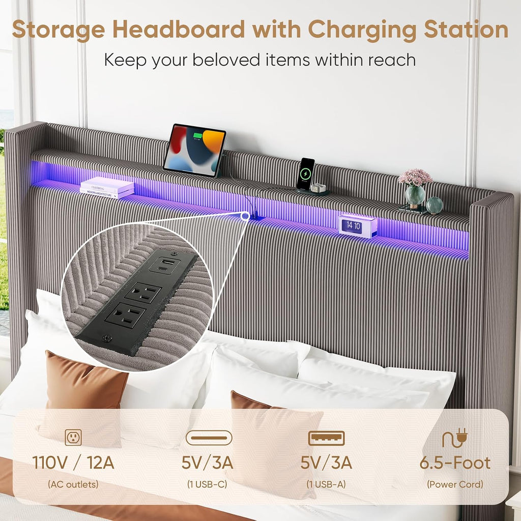 King Bed Frame with 55.3' Tall Headboard, Corduroy Upholstered Platform Bed with LED Lights & Charging Station, Wingback Storage Headboard, Solid Wood Slats,Noise Free,No Box Spring Needed,Gray Brown
