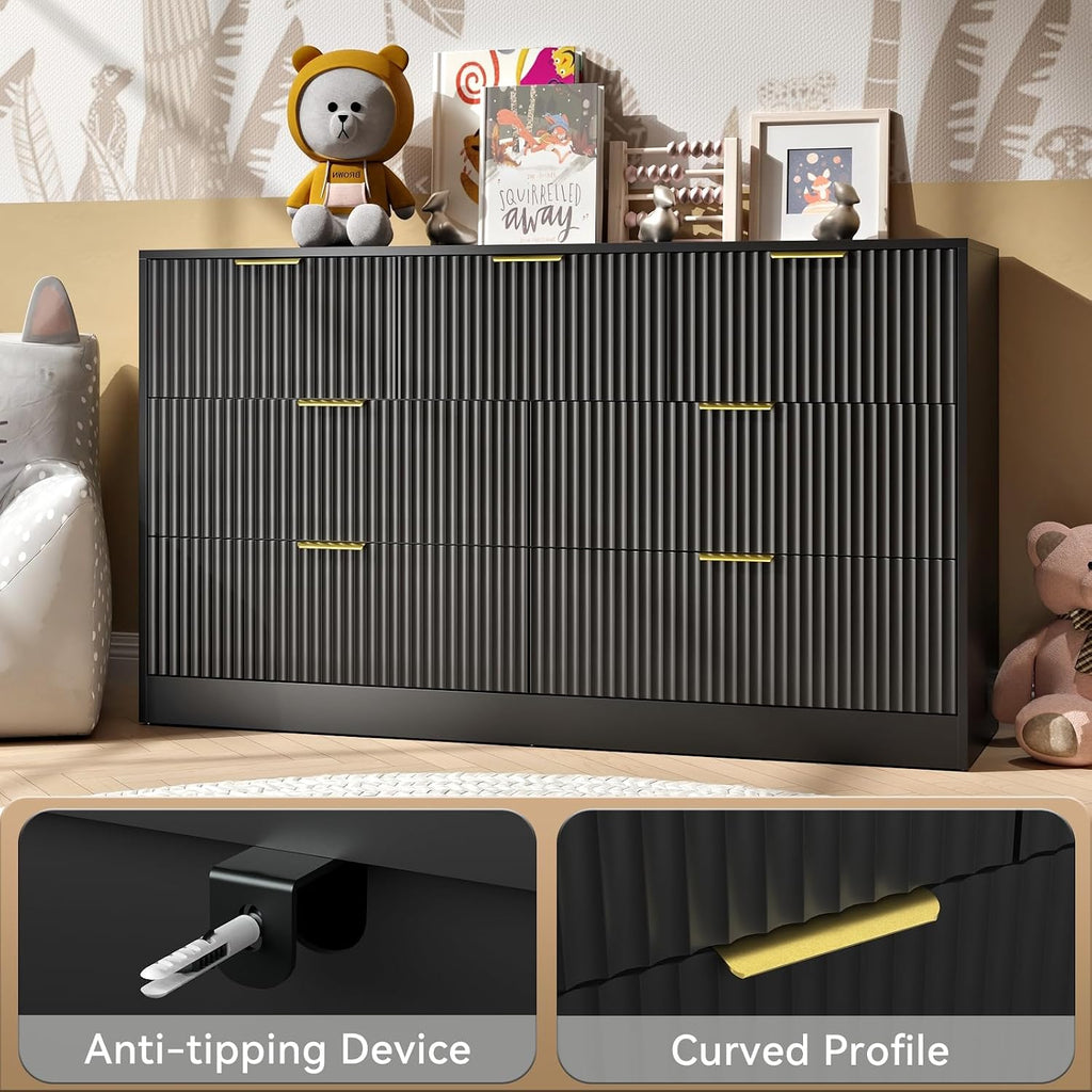 7 Drawer Dresser and Nightstand Sets, 3 Pcs Bedroom Set for Bedroom, Fluted Night Stand Set of 2 & 55' Wide Dresser w/Gold Handles, Modern Wood Chest of Drawers Storage Cabinet Set, Black