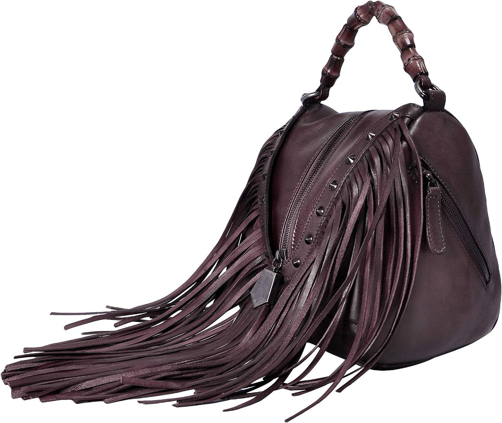 ZLYC Women's Leather Bamboo Hand Strap Featured Fringe Bohemian Tassel Studed Cross Body Bag