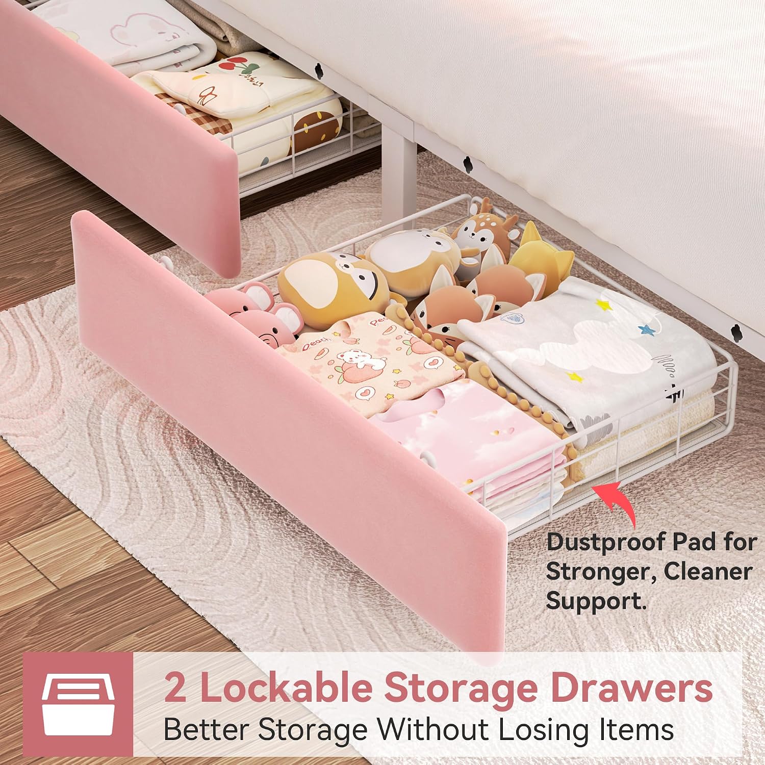 Queen Upholstered LED Bed Frame with 2 Storage Drawers and 2-Tier Storage Headboard,Velvet Princess Platform Bed with Charging Station & Bookcase,Heavy Duty Metal Support,No Box Spring Needed,Pink