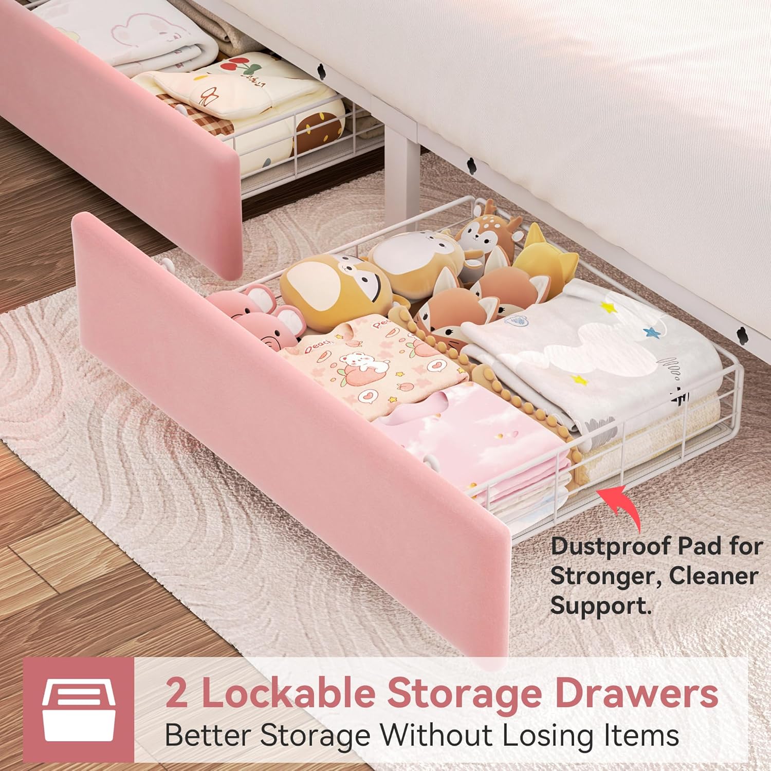 Full Upholstered LED Bed Frame with 2 Storage Drawers and 2-Tier Storage Headboard, Velvet Princess Platform Bed with Charging Station & Bookcase, Corner Bed Frame, Heavy Duty Metal Support, Pink