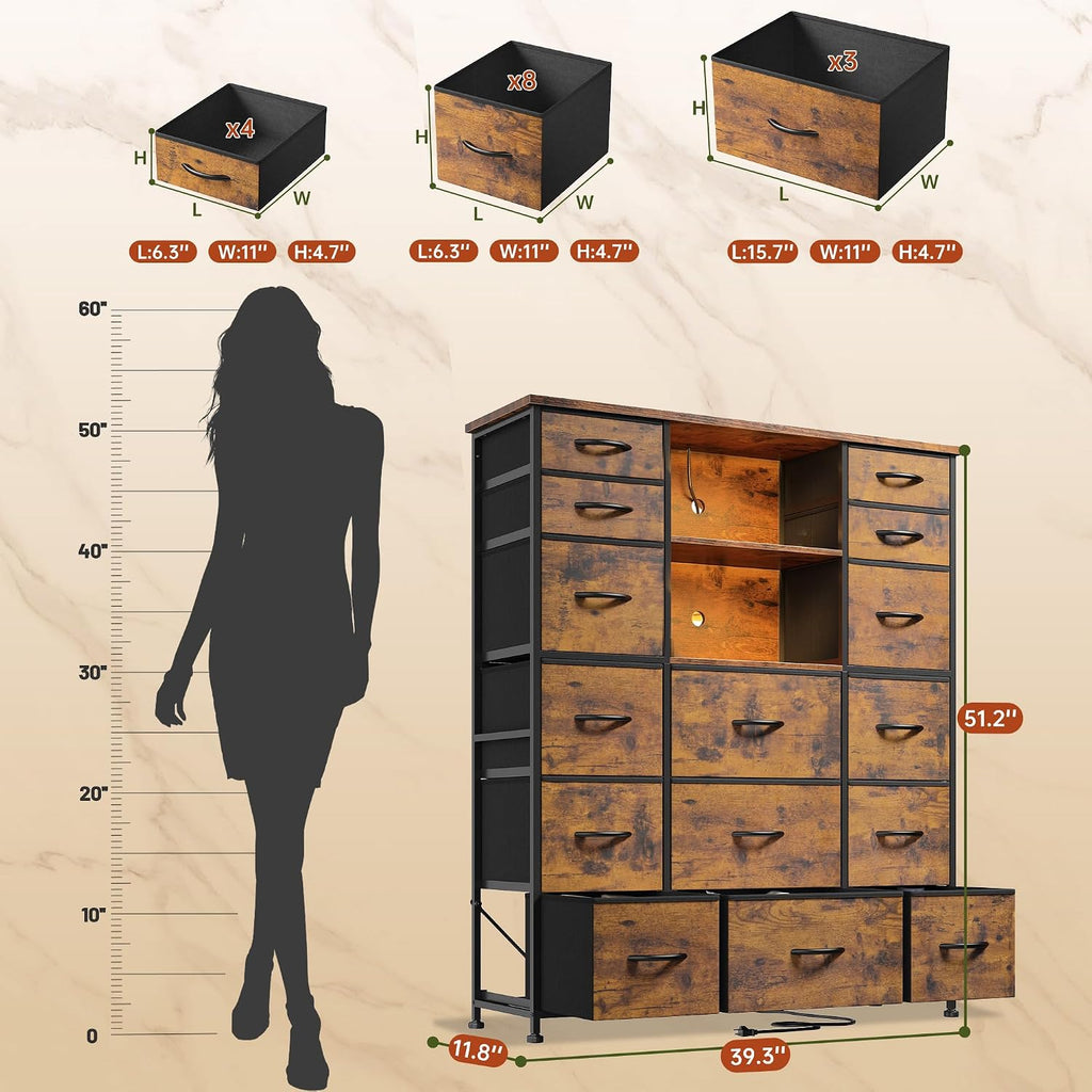 EnHomee 51' H Dresser with 15 Drawers Dresser for Bedroom with Charging Station & LED Lights & Hutch Sturdy Fabric Bedroom Dressers, Steel Frame, Wood Top, Rustic Brown, 51.2' H x 39.3' W x 11.8' D