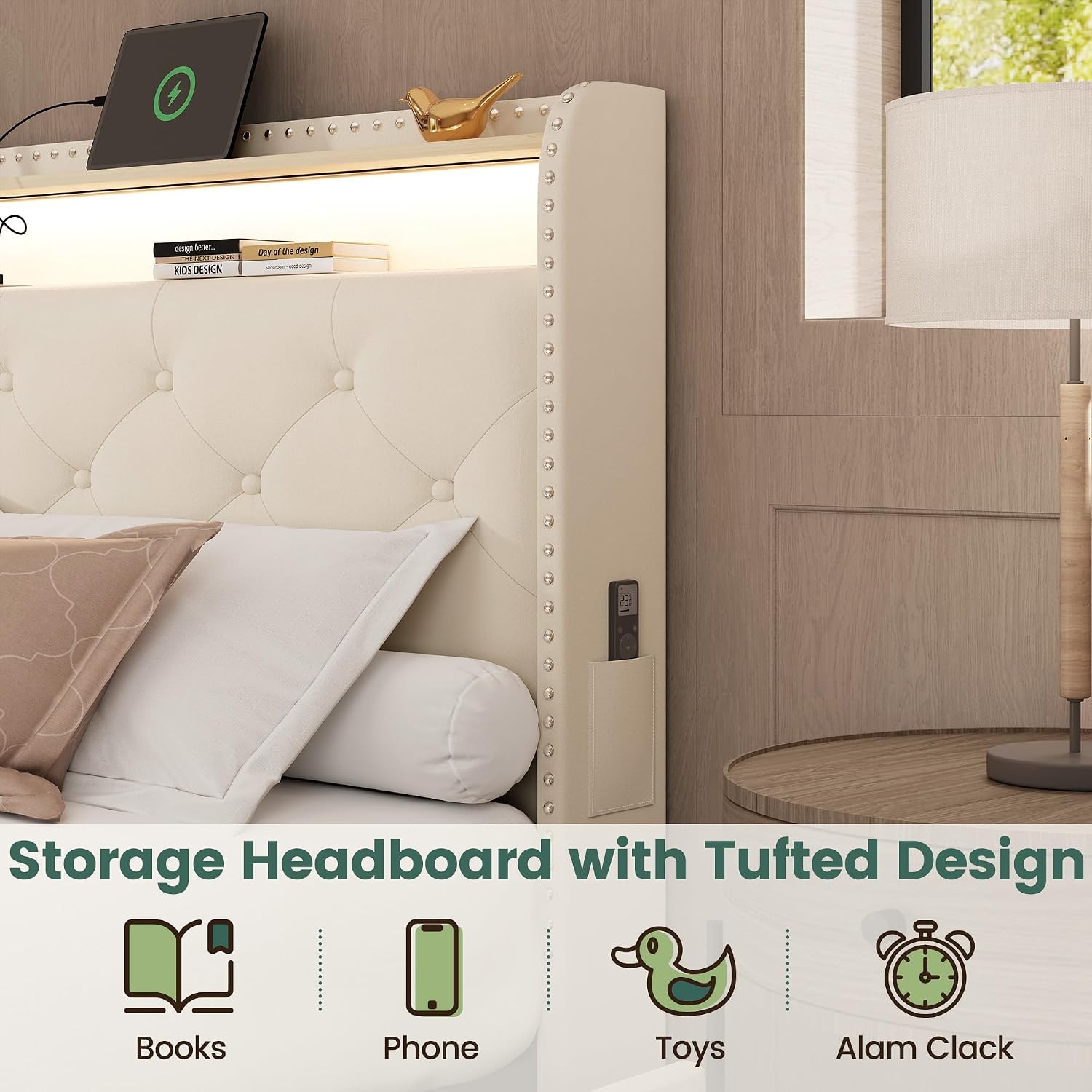 LARMACE Queen Size Bed Frame with 4 Storage Drawers and Charging Station, Velvet Upholstered Platform Bed Frame with LED Headboard, Noise Free, Easy Assembly, Beige