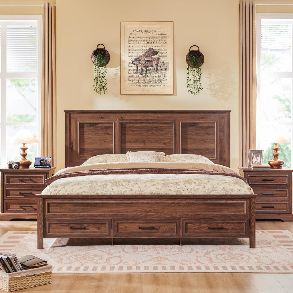 ACCOHOHO Farmhouse Queen Size Bed Frame with 52' Tall Headboard, Wood Platform Bedframe with Footboard and Storage Drawers, No Squeak, No Box Spring Needed, Brown