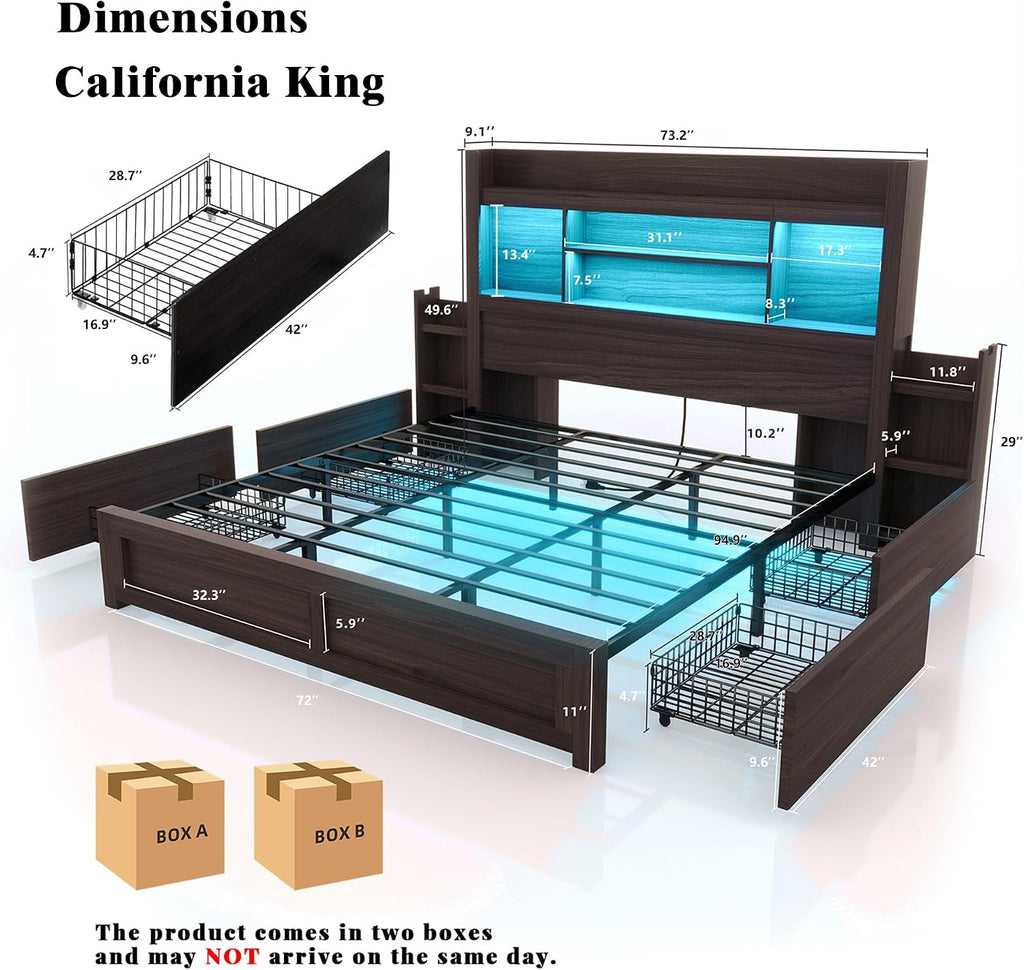 LUXOAK California King Bed Frame with 49.6' Bookcase Headboard & 2 Bedside Stoage Racks & 4 Drawers, Farmhouse Wood Bed Frame with RGB LED & Charging Station, No Box Spring Needed, Black