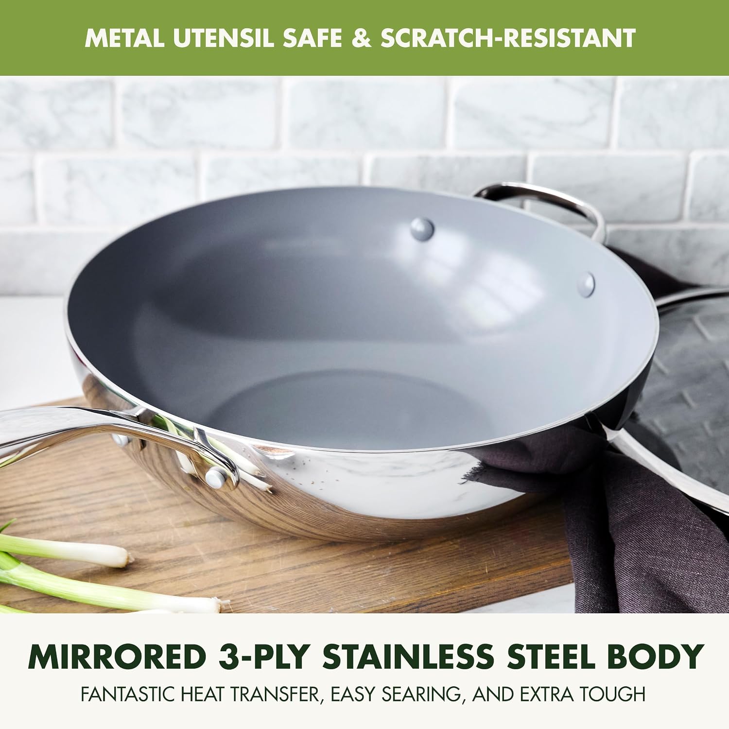 GreenPan Valencia Pro Tri-Ply Stainless Steel 12' Wok with Lid, PFAS-Free Ceramic Nonstick Coating, Induction Ready Cookware, All Cooktops, Dishwasher & Oven Safe to 600F