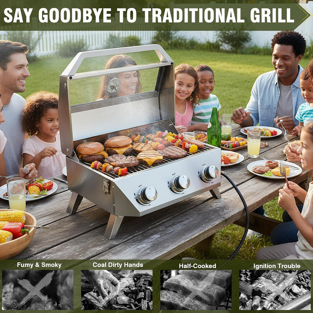 BESTFIRE 3-Burner Tabletop Gas Grill with Viewing Glass, 30,000 BTU Stainless Steel Portable Propane BBQ Grill with Thermometer, Professional Outdoor Cooking for Patio, Camping, RV and Tailgating