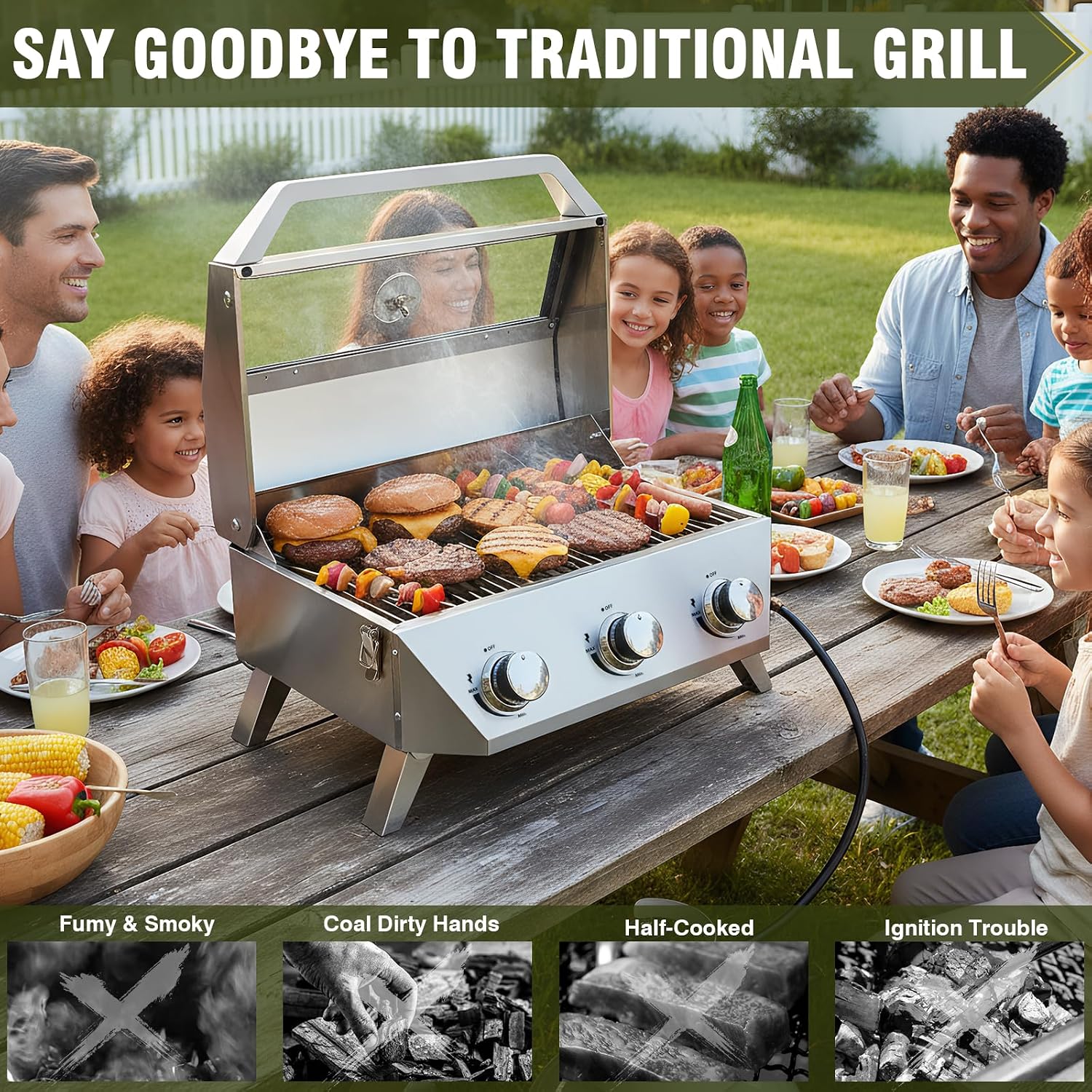 BESTFIRE 3-Burner Tabletop Gas Grill with Viewing Glass, 30,000 BTU Stainless Steel Portable Propane BBQ Grill with Thermometer, Professional Outdoor Cooking for Patio, Camping, RV and Tailgating