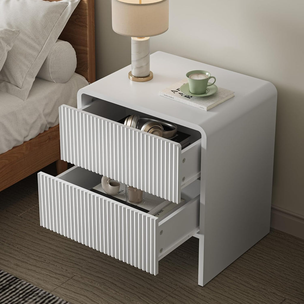 Set of 2 Curved Nightstand with 2 Drawers, Wooden Bedside Table with Push to Open Storage, Modern End Table for Bedroom, White