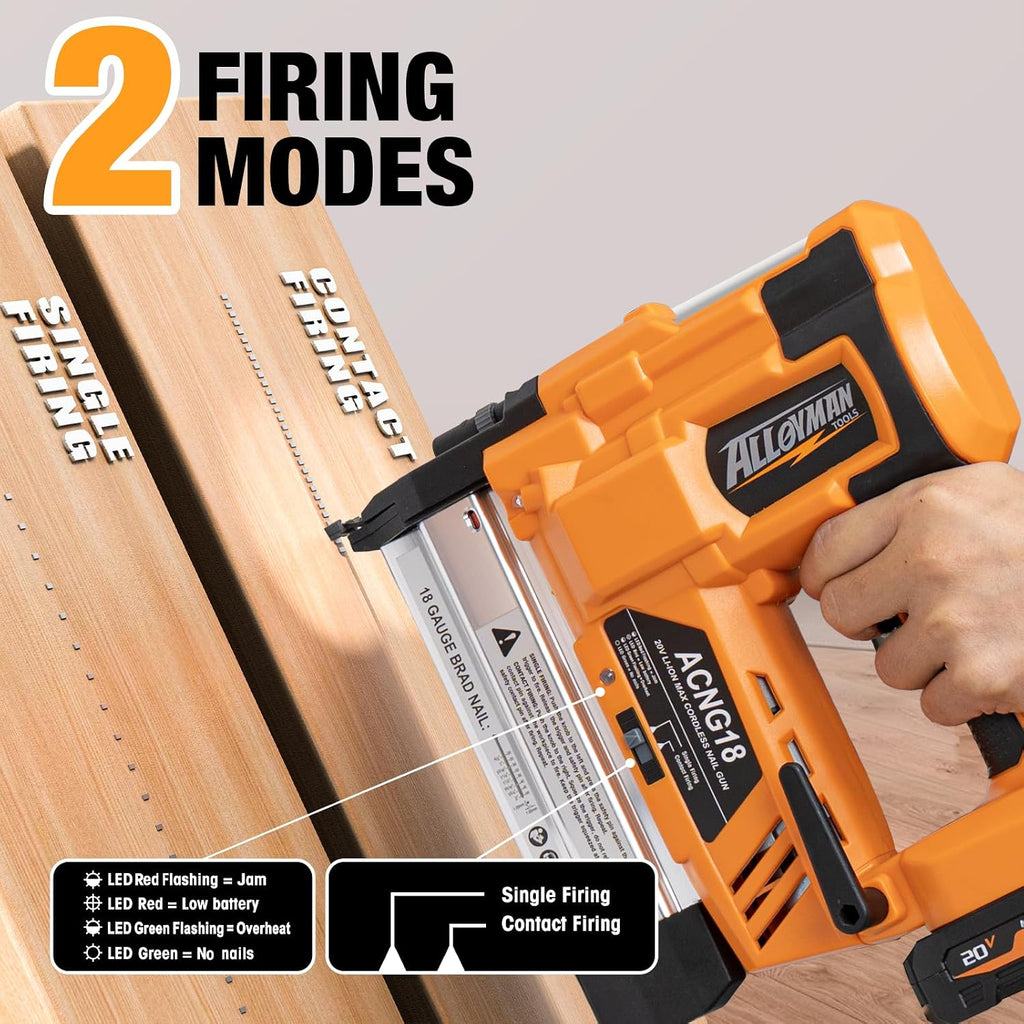 ALLOYMAN 20V 18GA Cordless Brad Nailer, with 2 * 2.0Ah Battery & Charger, Nail Gun Battery Powered, Up to 2 Inch, 2 Firing Modes, Adjustable Depth, 1000pcs Nails Included for Upholstery & Woodworking