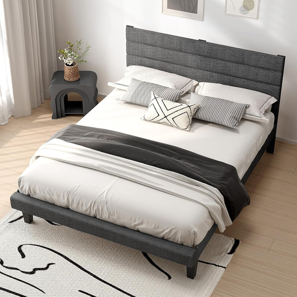 VINGLI King Size Bed Frame and Headboard,Panel Soft Bed with Linen Fabric Upholstered Padding, Low Profile Bed with Durable Wooden Slats Support, No Squeak, Dark Gray