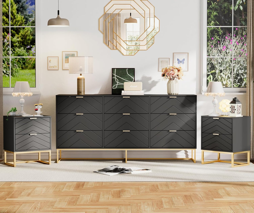 Anbuy Morden 9 Drawer Dresser and Nightstand Sets for Bedroom, 3 Pieces Bedroom Sets Night Stand Set of 2 & 9 Drawer Dresser with Gold Handles, Wood Chest of Drawers Storage Cabinet Set, Green Black