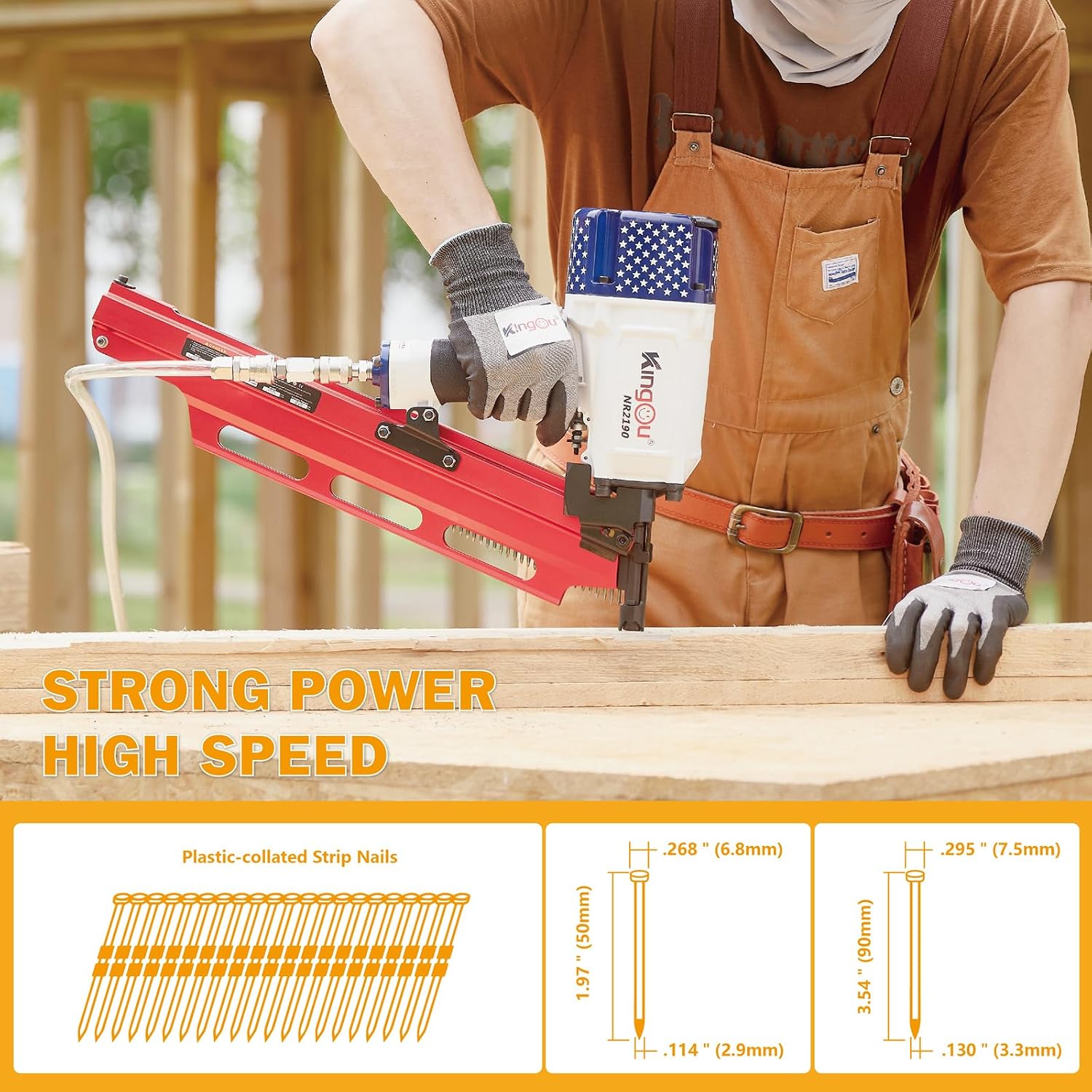 KingOu American Style NR2190 21 Degree Plastic Strip Framing Nailer Gun Aluminum Magazine