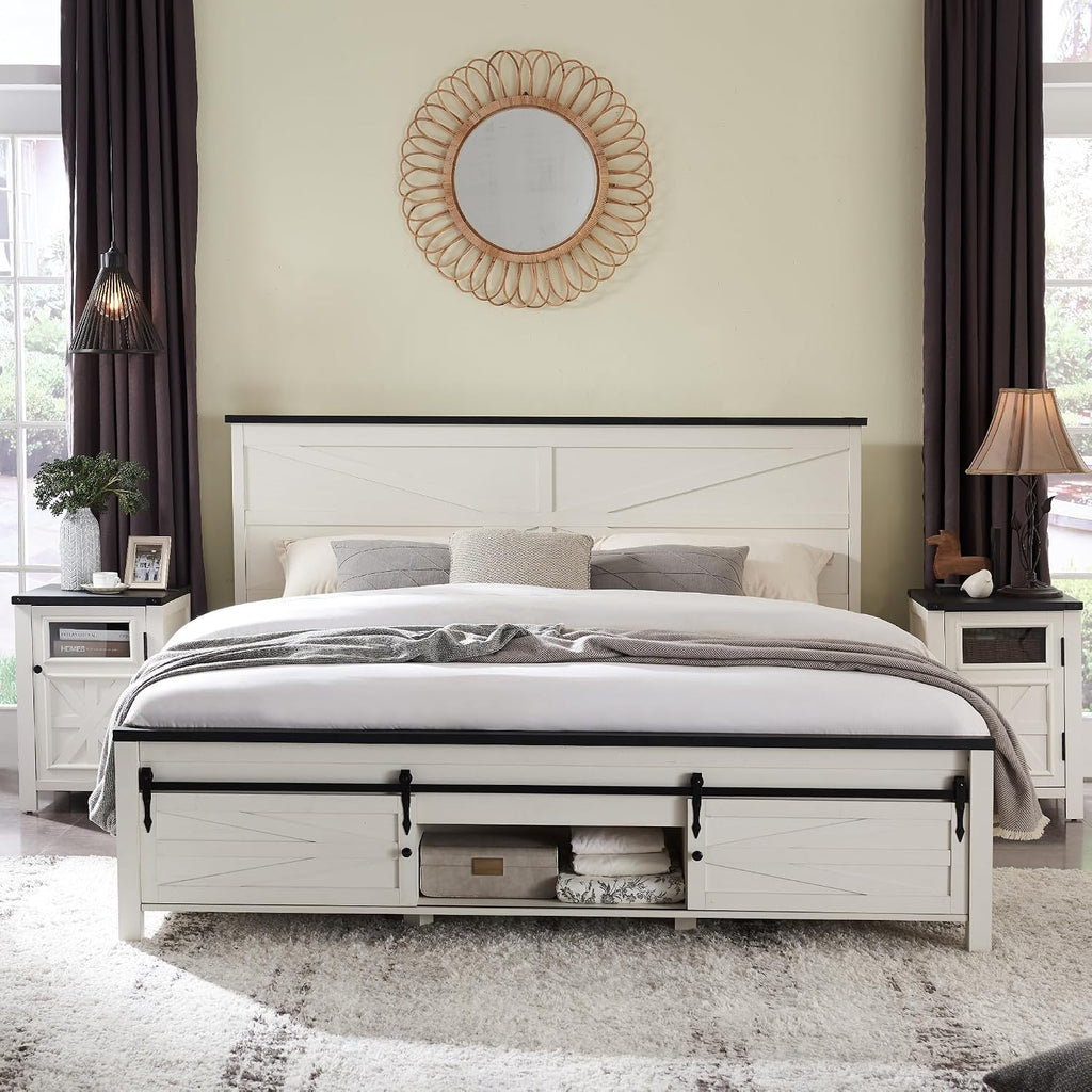 JXQTLINGMU 3 Pieces Farmhouse Bedroom Set-Queen Size Bed with 2 Nightstands of Sliding Barn Door Storage Cabinets, Solid Wood Slats Support, Noiseless, No Box Spring Needed, Off White
