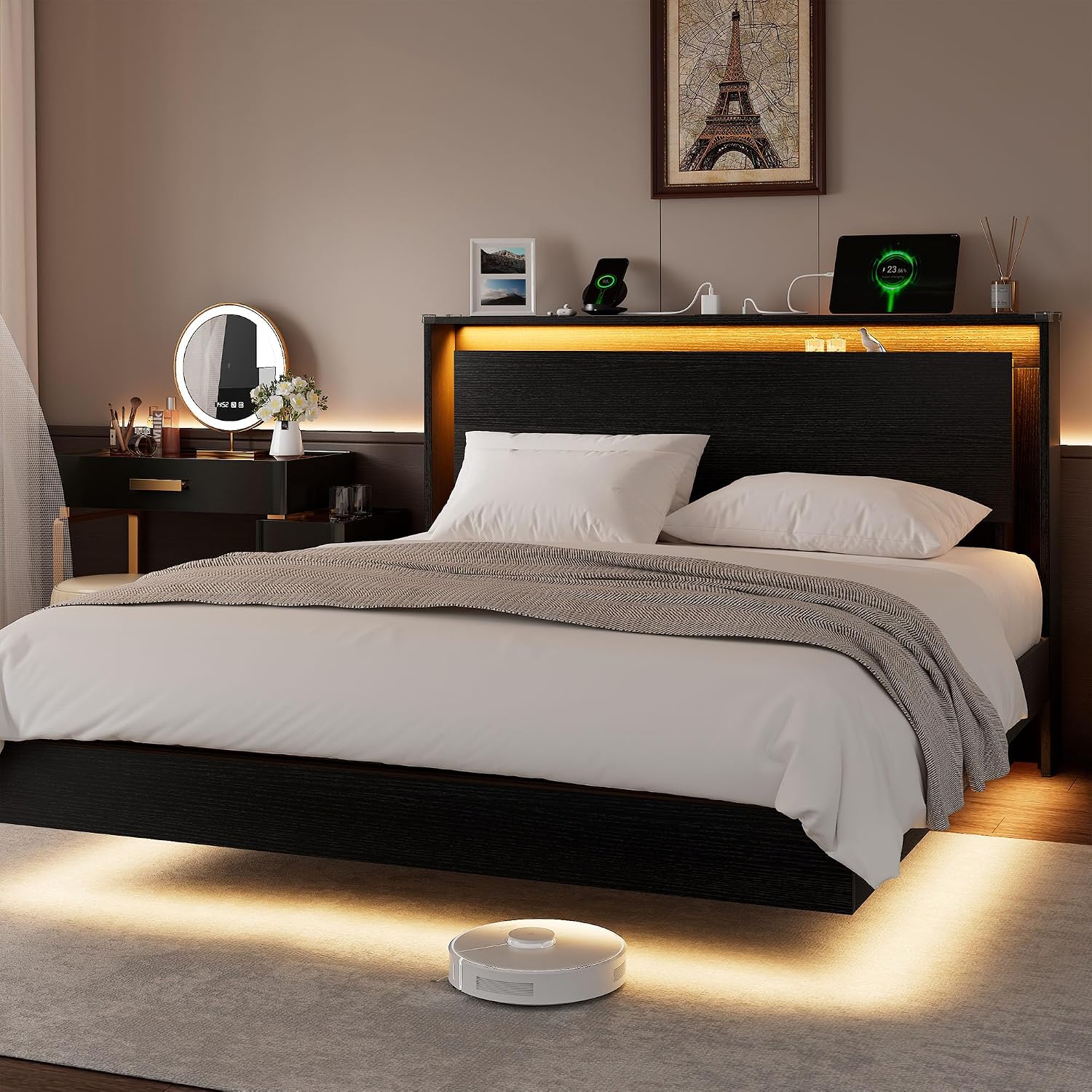 Einhomn Full Size Bed Frame with LED Lights & Charging Station – Kids Wood Floating Bed Frame with Storage Headboard, Adhesive Slats, Kick-Free & Noise-Free Design, Easy Assembly, Black