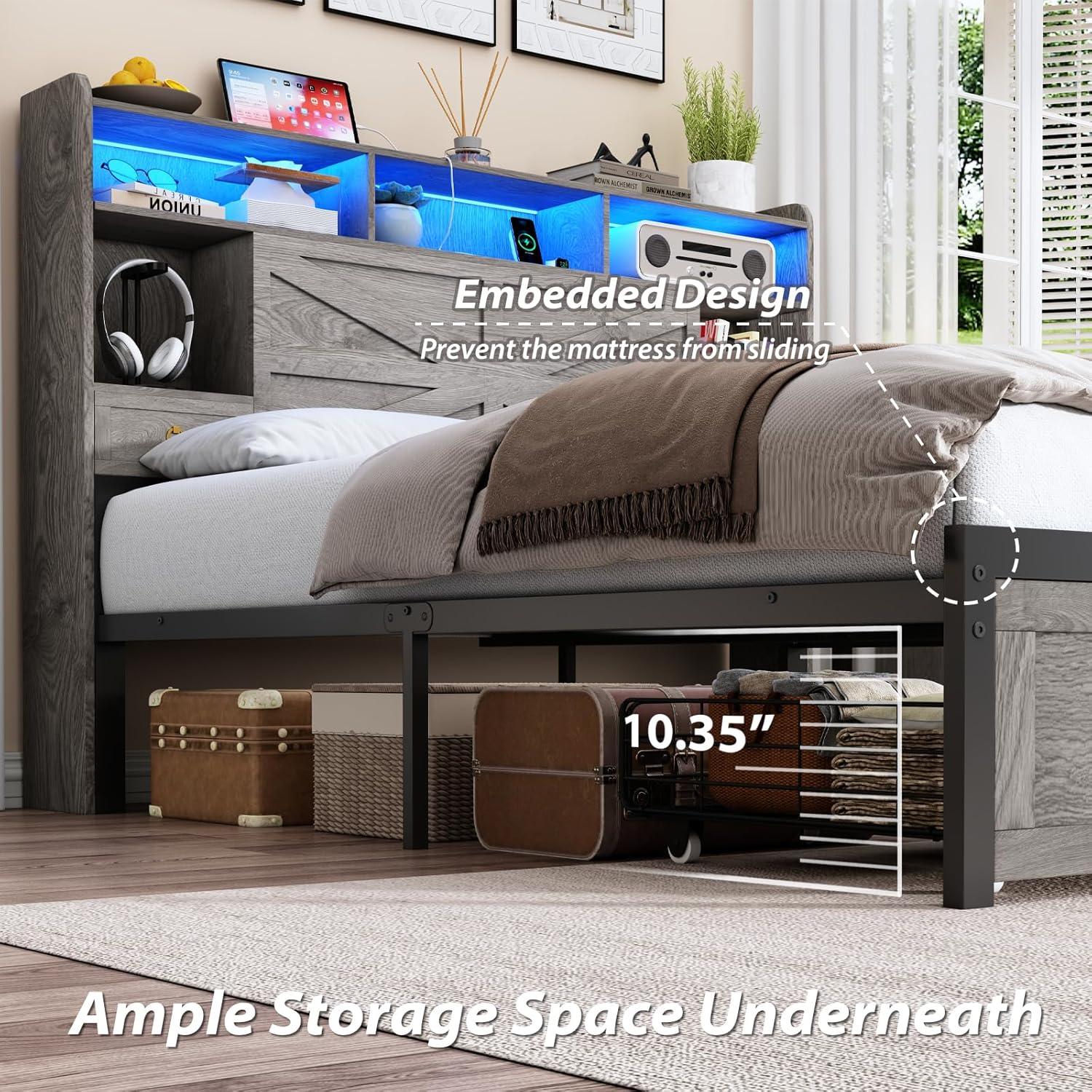 TIGUBFRE Full Bed Frame with Storage Headboard, Farmhouse Wood Bed Frame Full Size with 4 Drawers, LED Light & Charging Station, Metal Slats Support, Noise Free, No Box Spring Needed, Rustic Gray