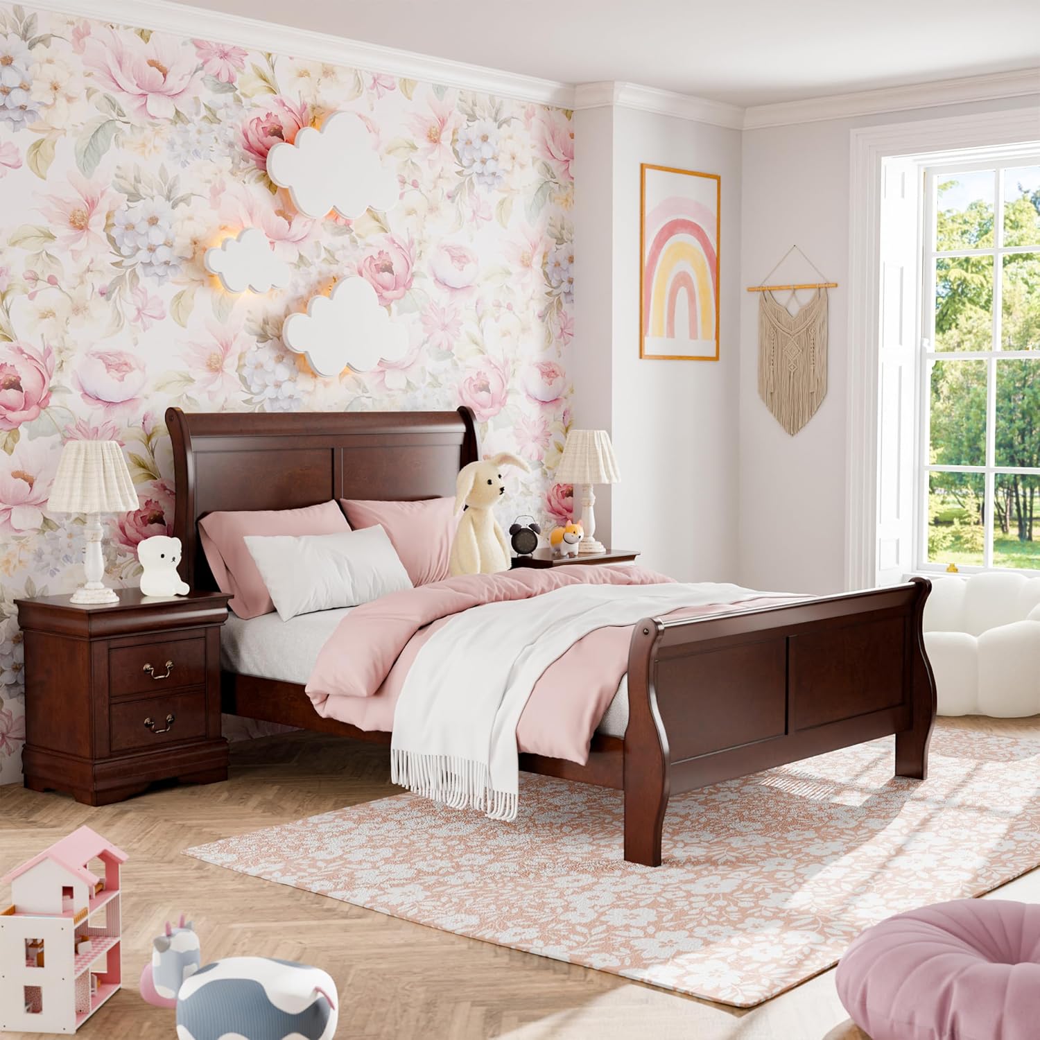Furniture of America Louis Phillipe Traditional Solid Wood 3 Piece Bedroom Set, Twin Bed Frame and Nightstands Set of 2, Chic Sleigh Bedframe with Headboard and Footboard, Box Spring Needed, Cherry
