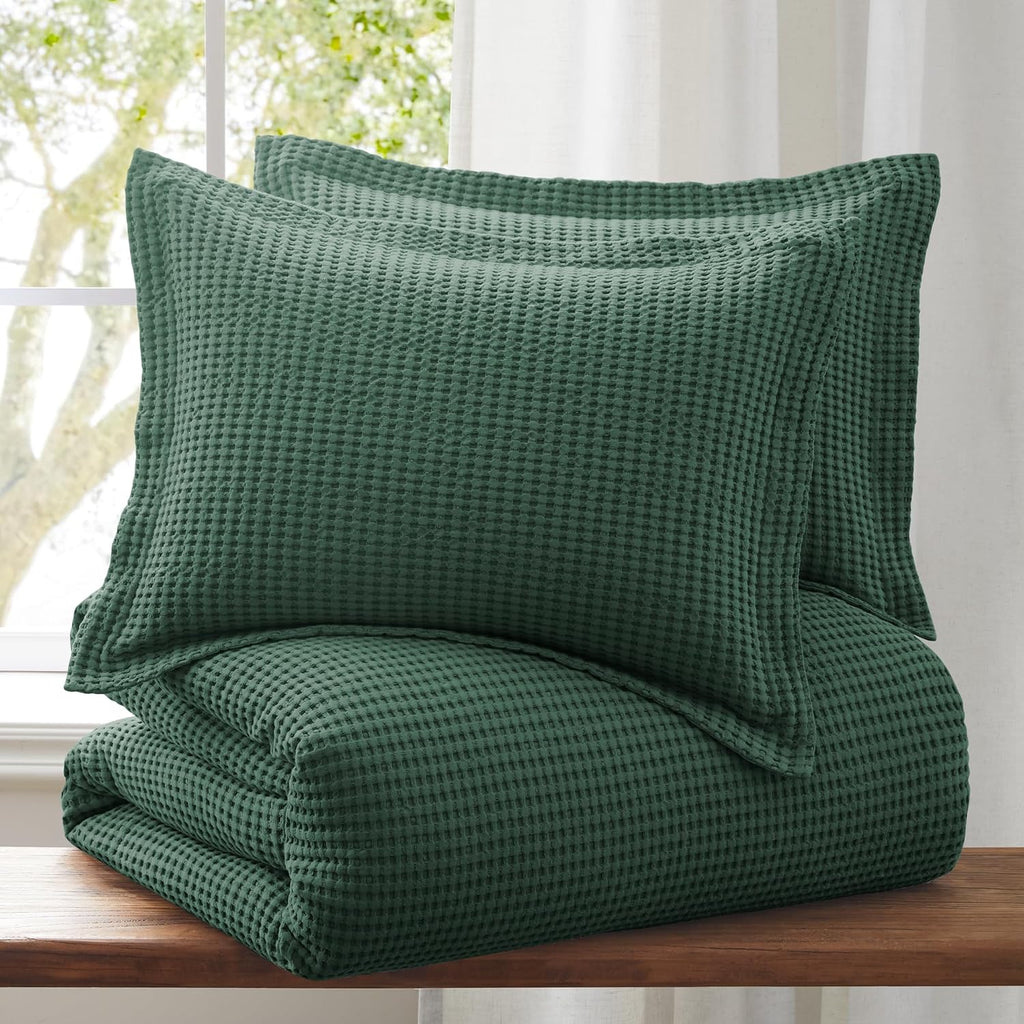 Levtex Home Mills Waffle Queen Duvet Cover Set (90x94in) with 2 Pillow Shams (26x20in) - Forest Green - 100% Cotton Queen Size Duvet Cover Set - Soft, Pre-Washed