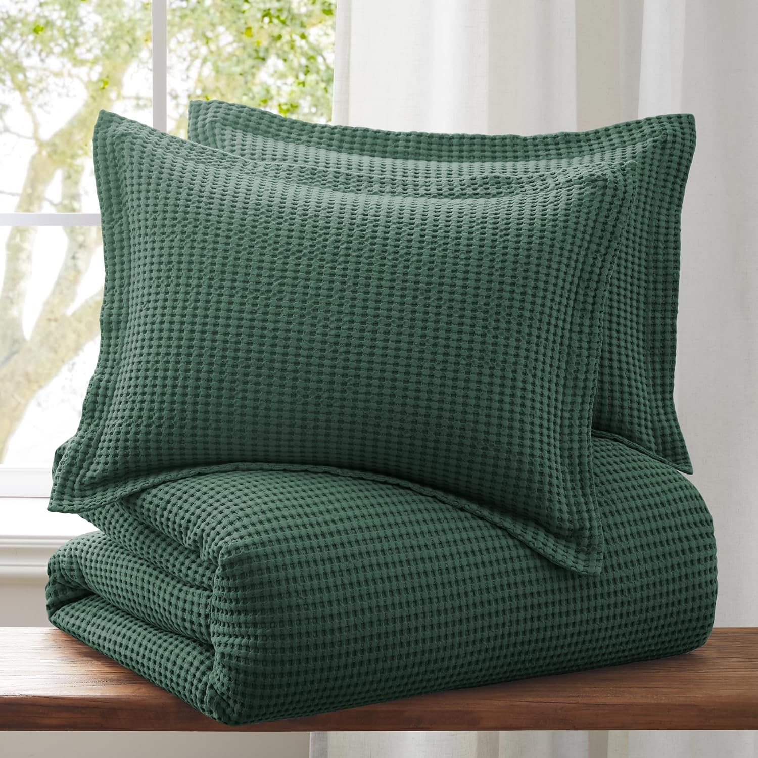 Levtex Home Mills Waffle Queen Duvet Cover Set (90x94in) with 2 Pillow Shams (26x20in) - Forest Green - 100% Cotton Queen Size Duvet Cover Set - Soft, Pre-Washed