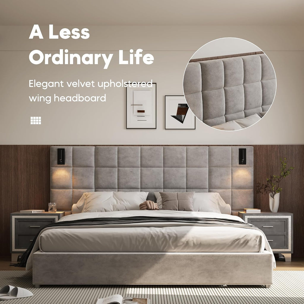 California King Platform Bed Frame with 2 Nightstands Set of 1+2, Velvet Upholstered Bed with Headboard, 2 LED Wall Sconces & USB Ports, No Box Spring Needed, Pearl Grey