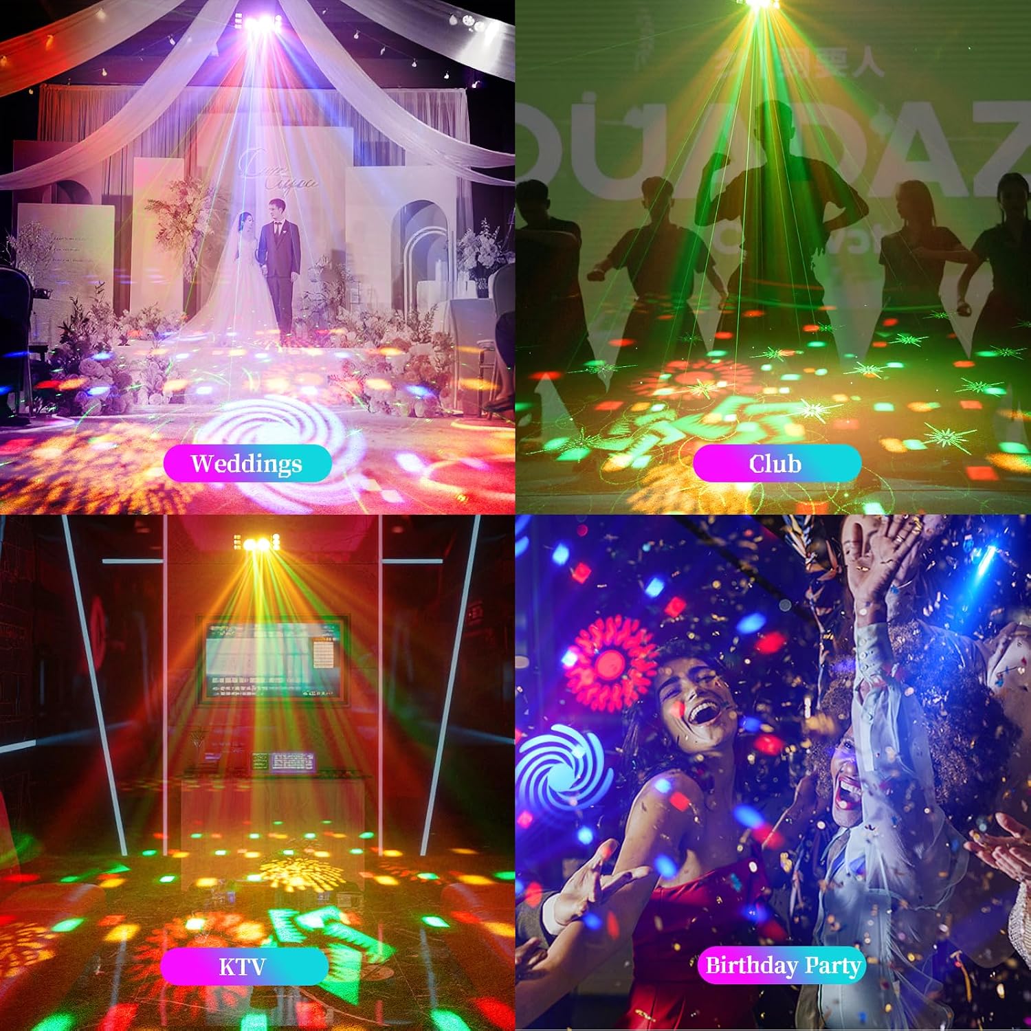 6-in-1 DJ Party Lights, Professional DMX512 Stage Lighting with 60+ Pattern Effects, RGBY Beams, RGB Disco Ball, Strobe, LED Wash Light for Club, Wedding, Gig, Party