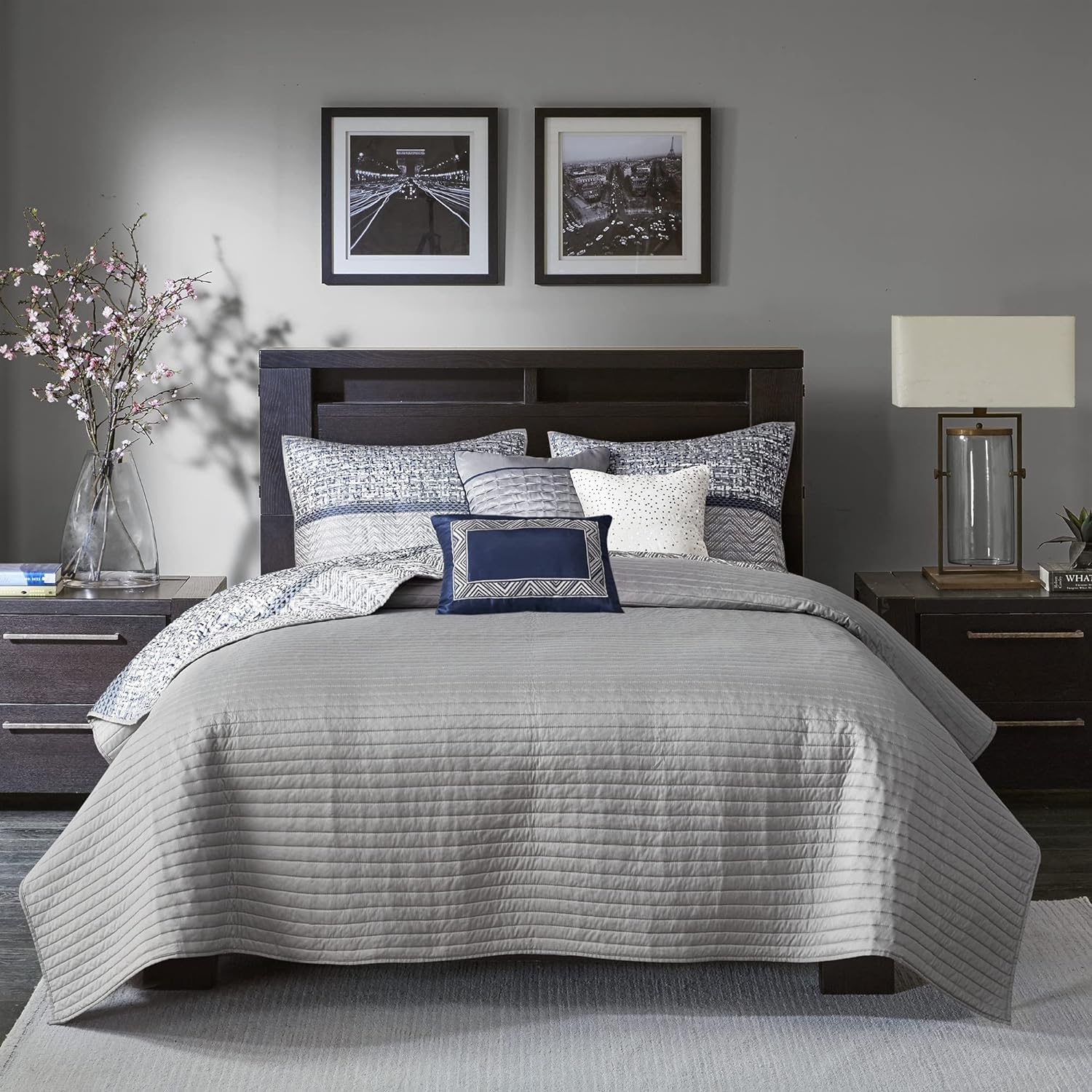 Madison Park Queen Quilt Set Lustrous Jacquard & Glitter Accent Coverlet Set for Queen Size Bed - All Season, Lightweight Queen Quilt Set, Shams, Decorative Pillow, Full/Queen Chevron Grey/Navy