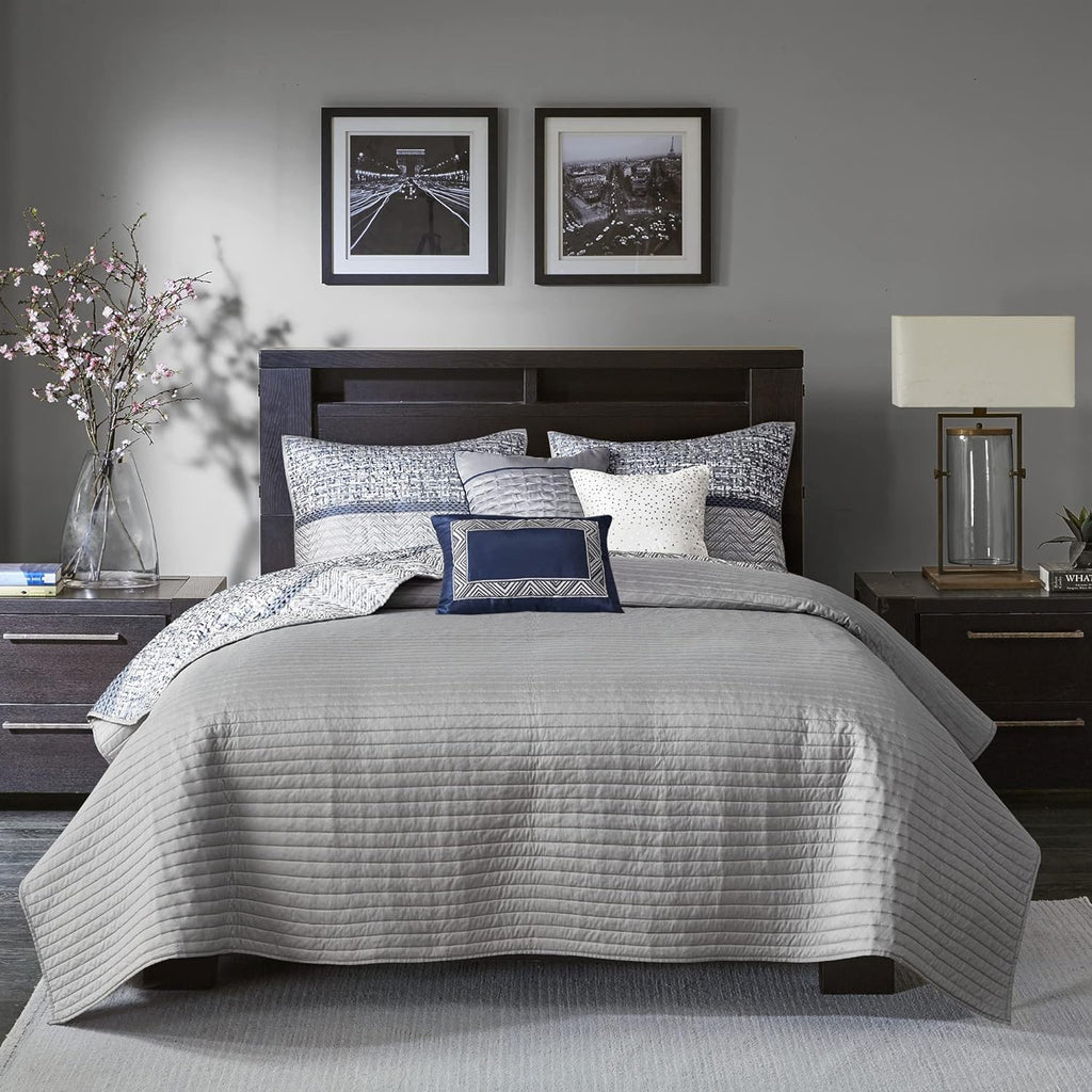 Madison Park King Quilt Set - Lustrous Jacquard & Glitter Accent Coverlet Set for King Size Bed - All Season, Lightweight, Shams, Decorative Pillow, Chevron Grey/Navy
